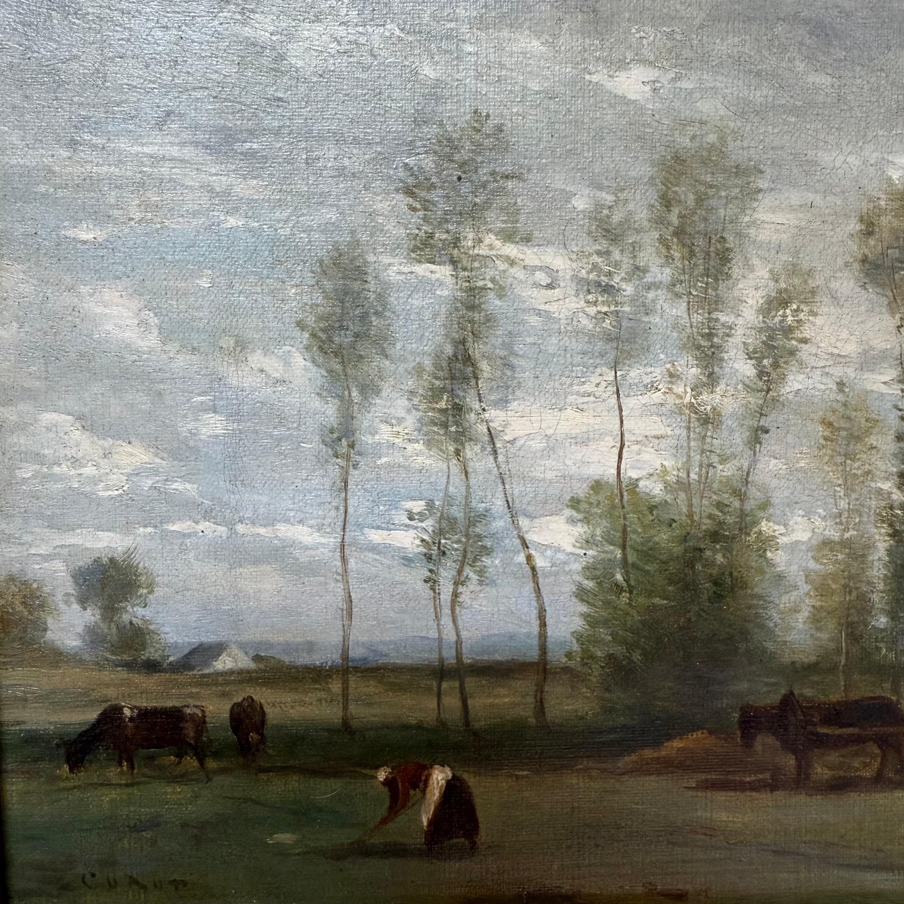 Jean-Baptiste-Camille Corot (Französisch, 1796-1875) - Landschaft mit Figuren und Katze im Angebot 15