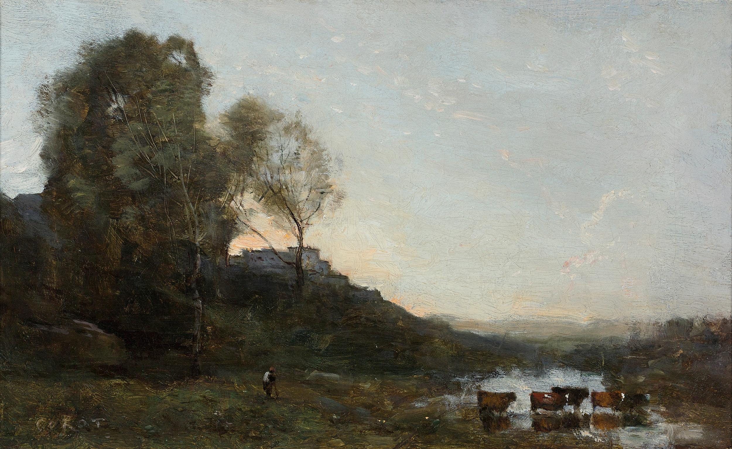 Jean-Baptiste-Camille Corot Landscape Painting - Le Gué aux Cinq Vaches (The Ford with Five Cows)
