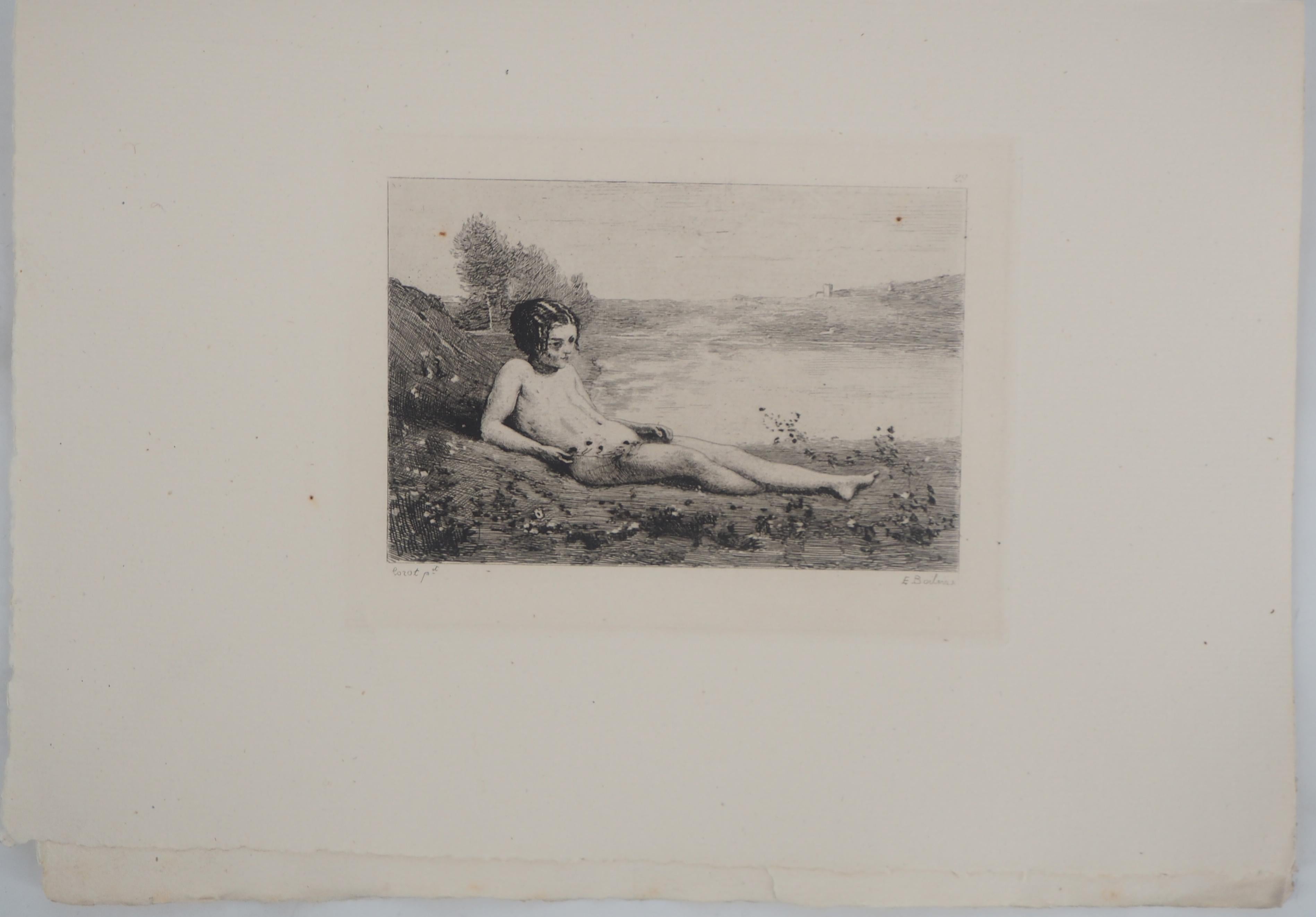 Nach dem Badezimmer – Original-Radierung – Ed. Durand Ruel, 1873 (Impressionismus), Print, von Jean-Baptiste-Camille Corot