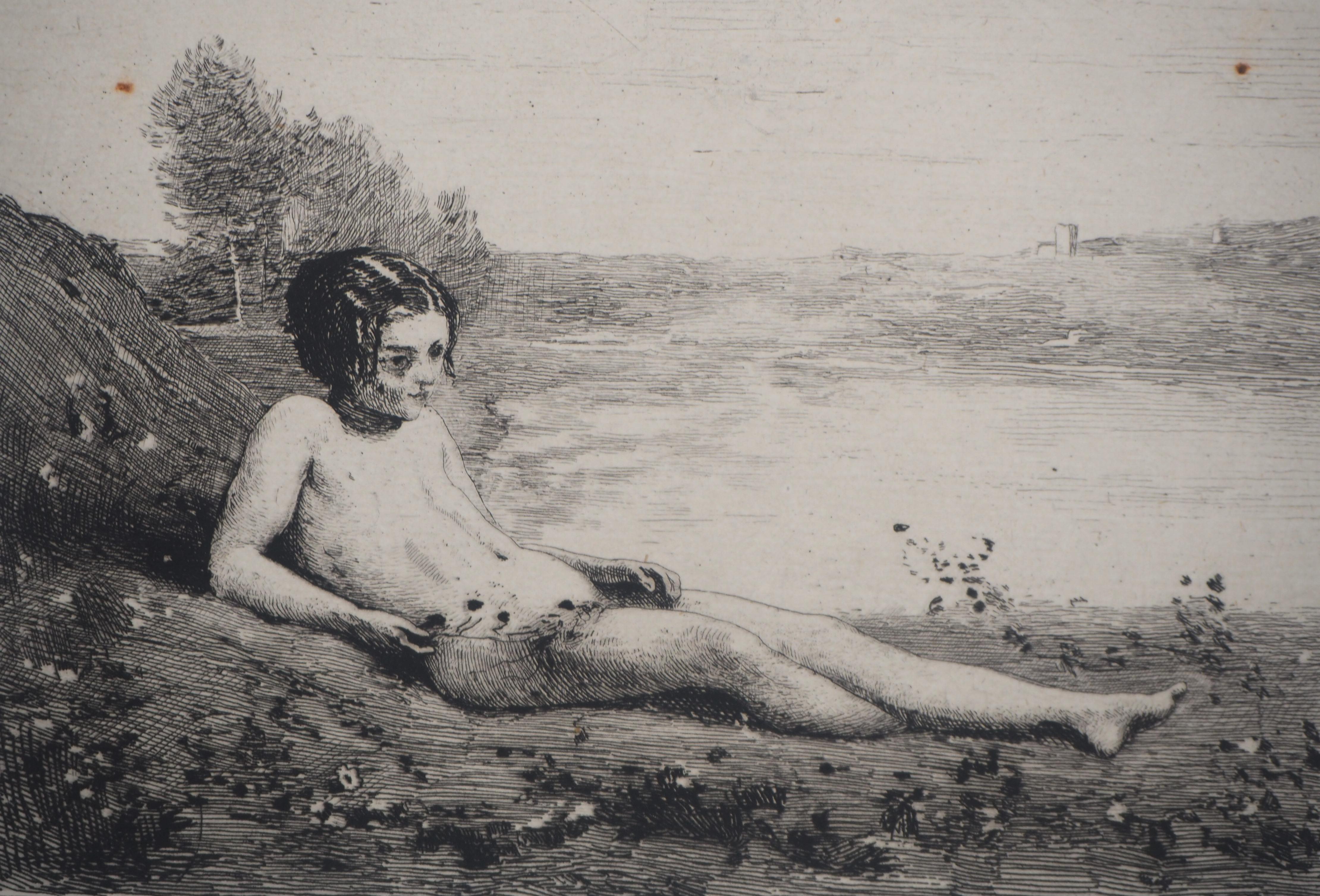 After the Bath - Original etching - Ed. Durand Ruel, 1873 - Gray Landscape Print by Jean-Baptiste-Camille Corot