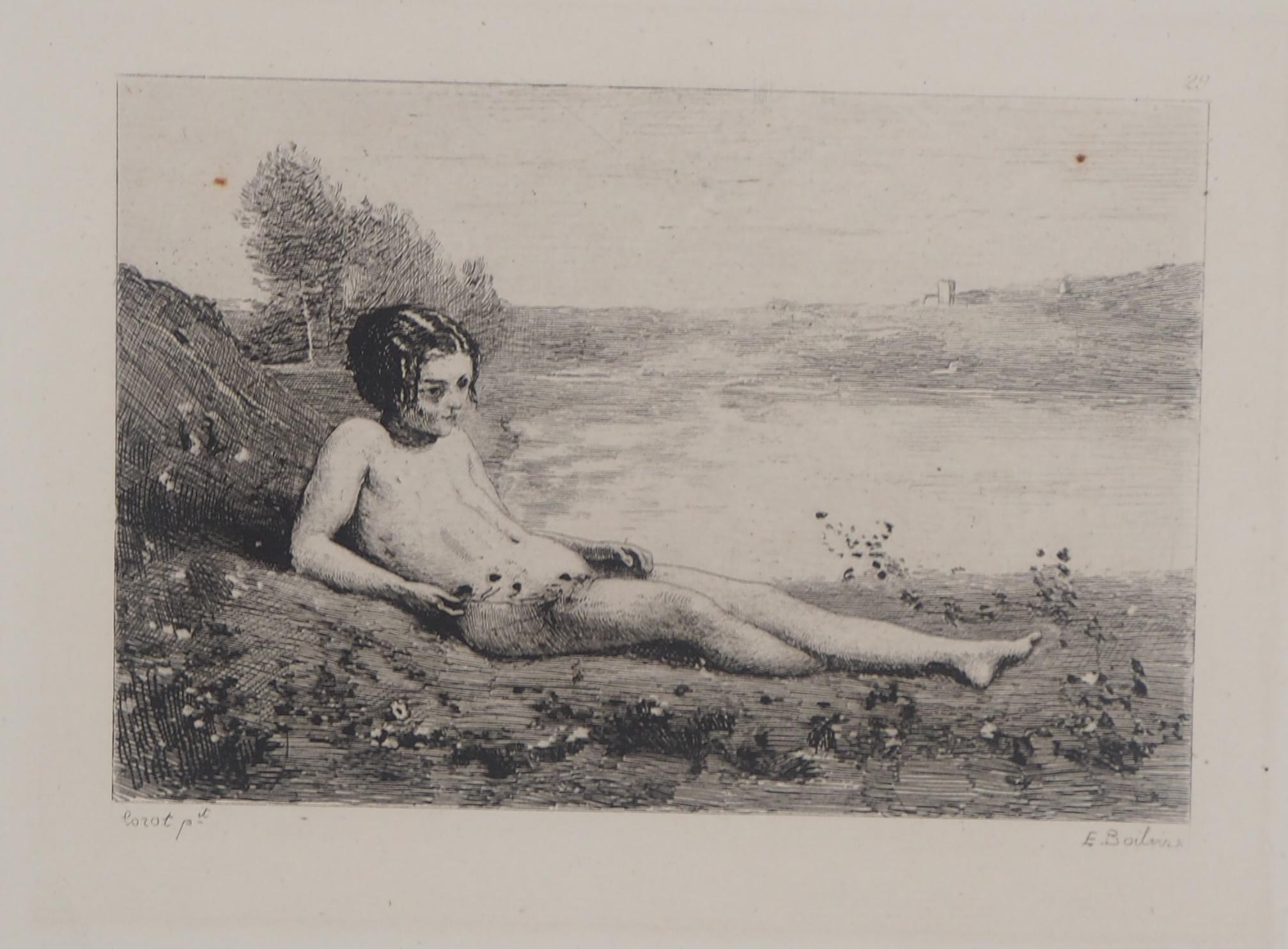 Jean-Baptiste-Camille Corot Landscape Print - After the Bath - Original etching - Ed. Durand Ruel, 1873