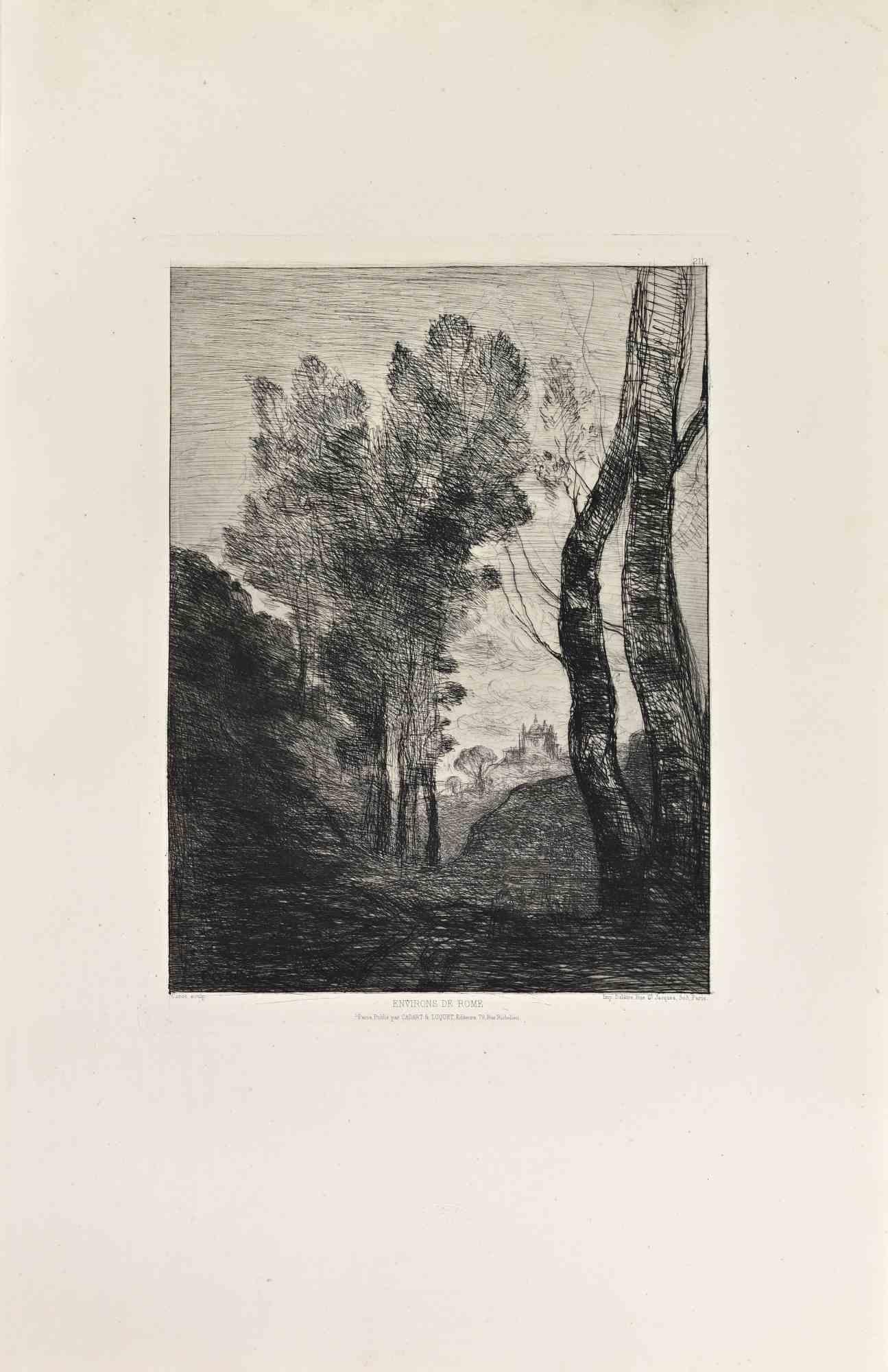 Figurative Print de Jean-Baptiste-Camille Corot - Environs de Rome - Aguafuerte de Camille Corot - Años 1860