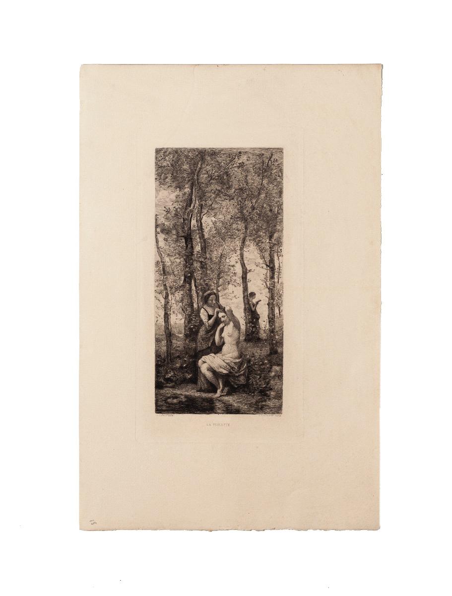 Jean-Baptiste-Camille Corot Landscape Print - La Toilette - Original Etching after Camille Corot - Early 20th Century