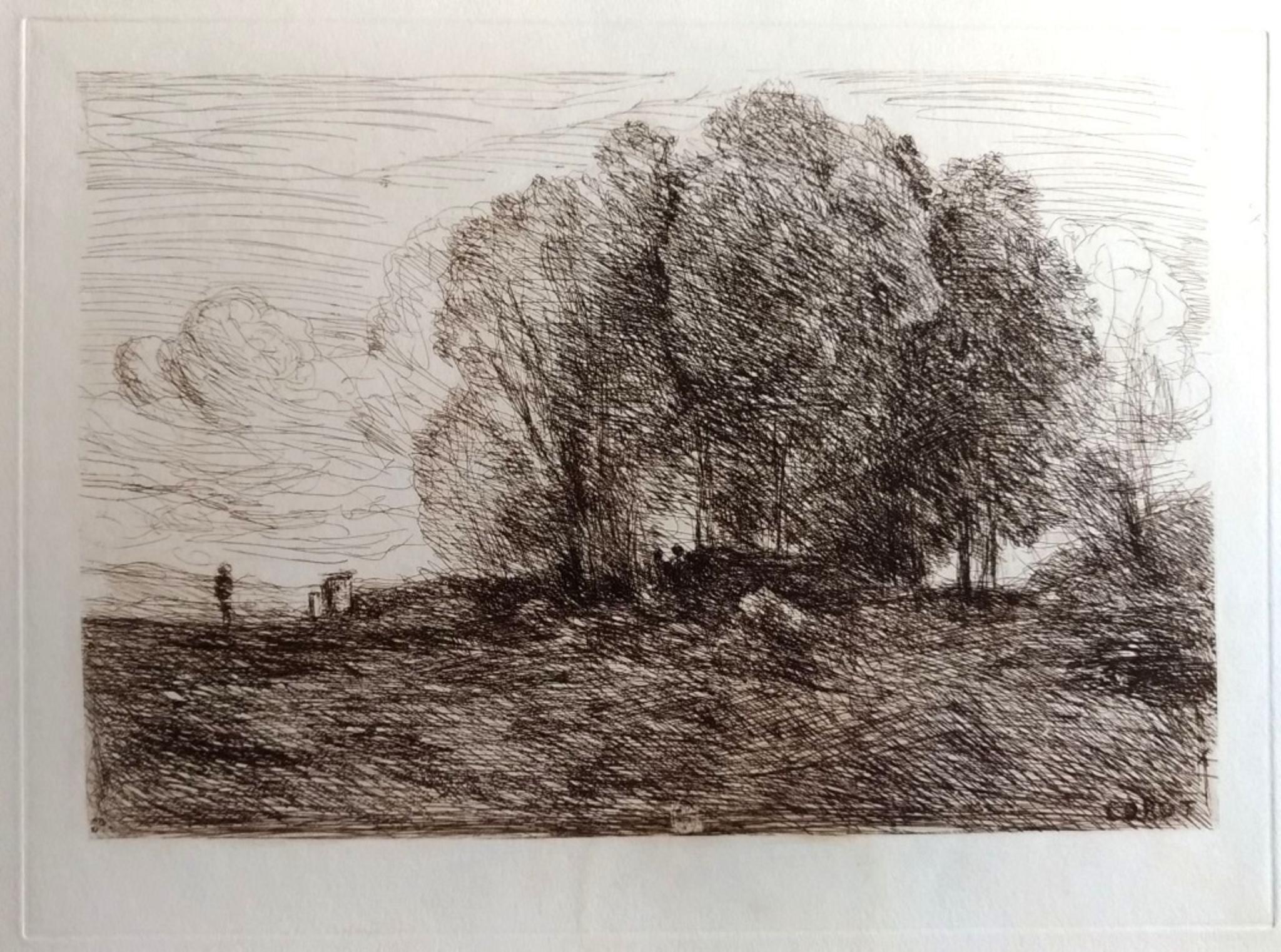 Jean-Baptiste-Camille Corot Figurative Print - Landscape #4 -  Etching by Camille Corot - 1850s