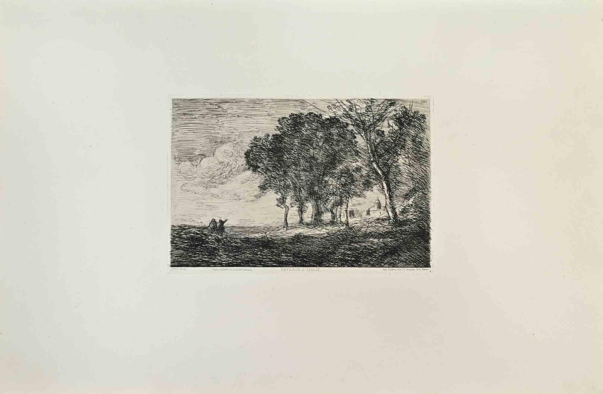 Figurative Print de Jean-Baptiste-Camille Corot - Paysage d'Italie - Aguafuerte de Camille Corot - Años 1870