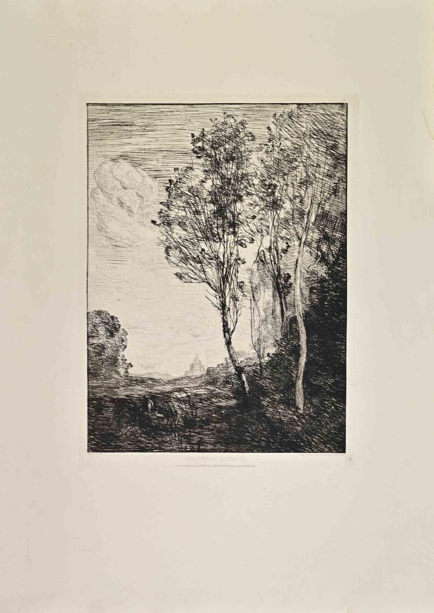 Jean-Baptiste-Camille Corot Figurative Print - Souvenir d'Italie - Etching by Camille Corot - 1860s
