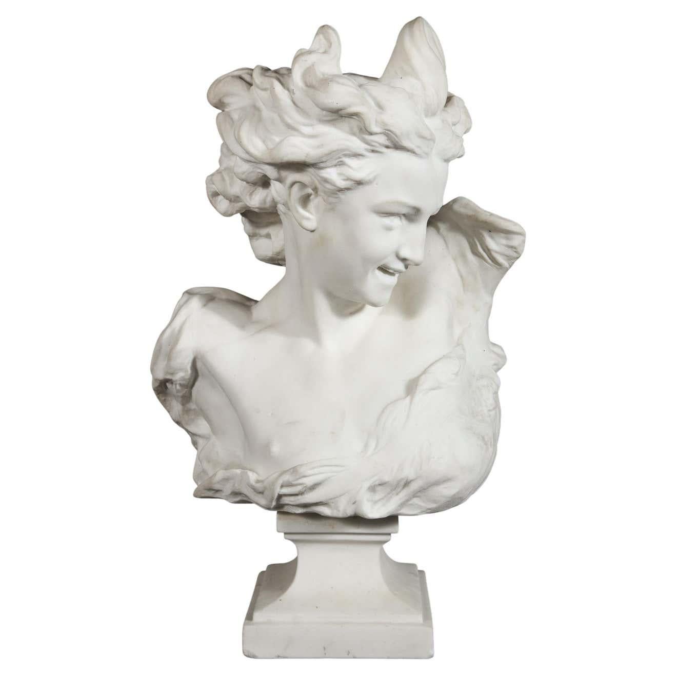 Jean-Baptiste Carpeaux (Franzose, 1827-1875) Büste aus weißem Marmor des "Genie De La Danse" (Geist des Tanzes), spät
19. Jahrhundert.  

Carpeaux war ein französischer Bildhauer und Maler während des Zweiten Kaiserreichs unter Napoleon III. 