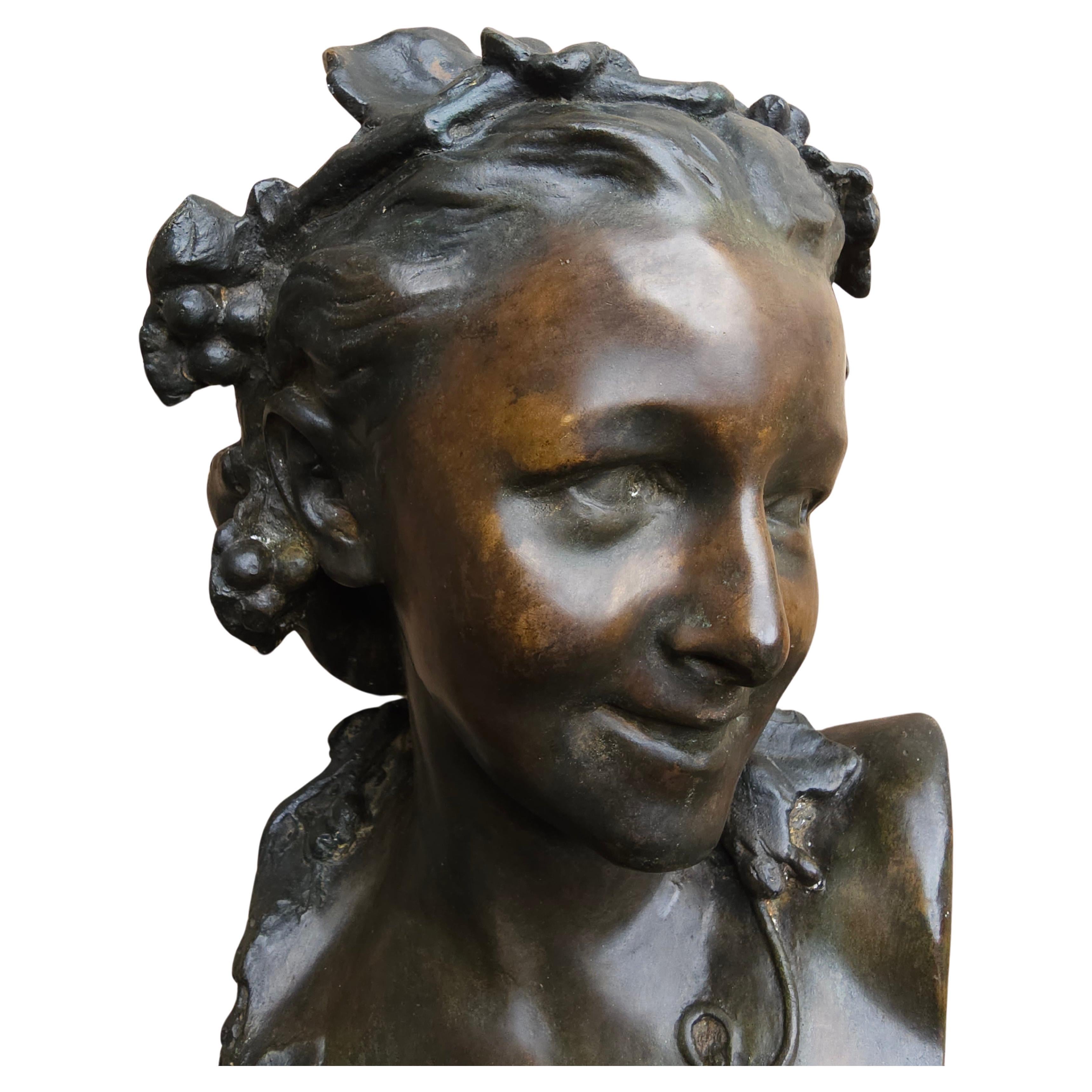 French Jean-Baptiste Carpeaux, L'Espiegle, Verdigris Bronze Bust Anna Foucart For Sale
