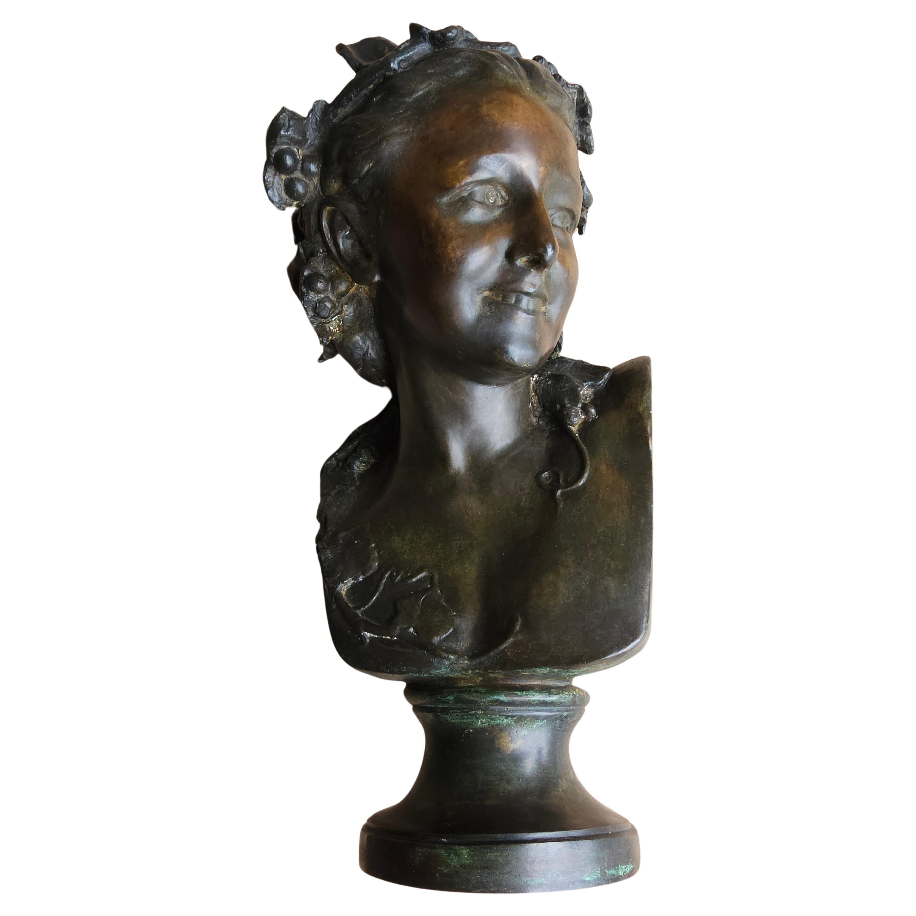 Metalwork Jean-Baptiste Carpeaux, L'Espiegle, Verdigris Bronze Bust Anna Foucart For Sale