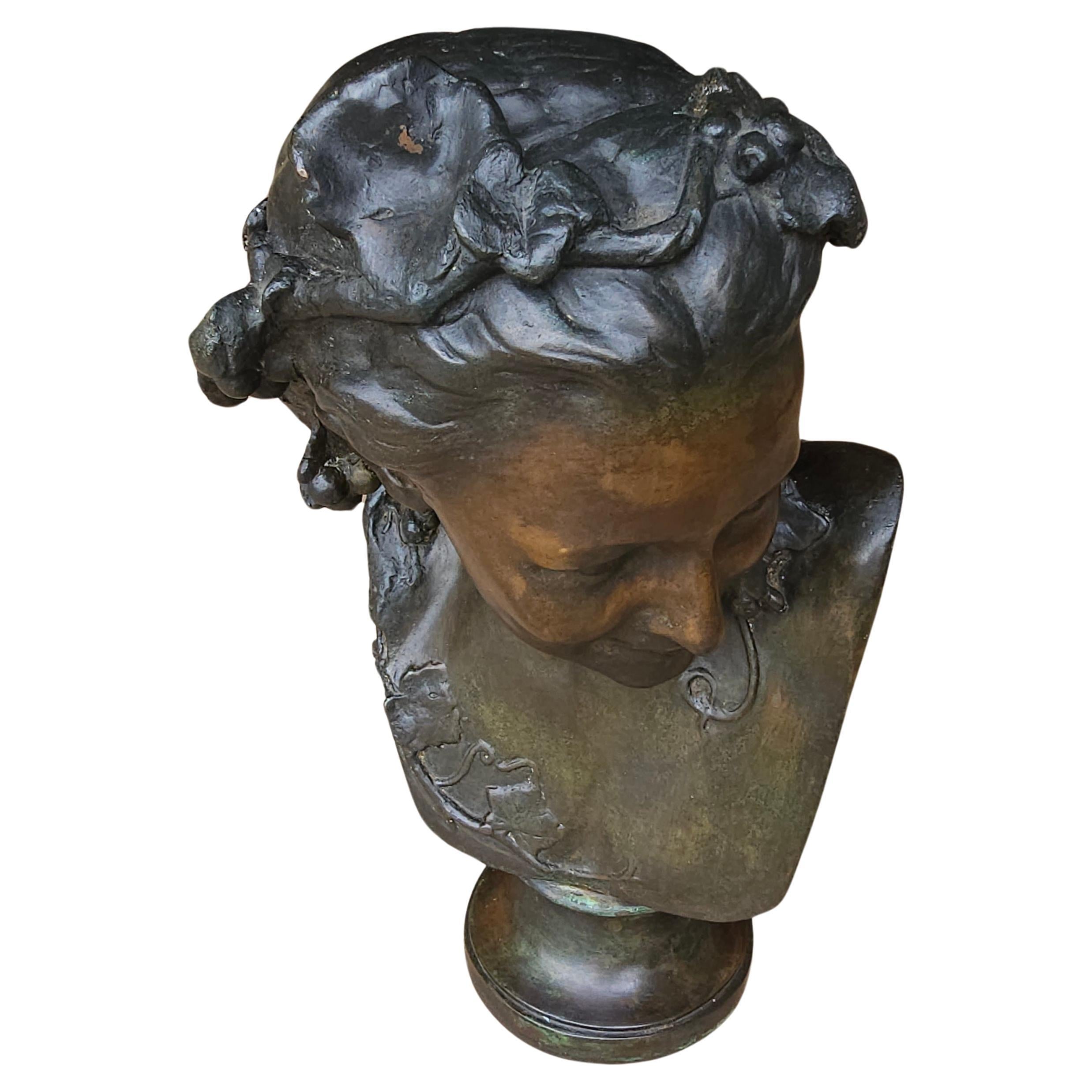 Jean-Baptiste Carpeaux, L'Espiegle, Verdigris Bronze Bust Anna Foucart In Good Condition For Sale In Germantown, MD