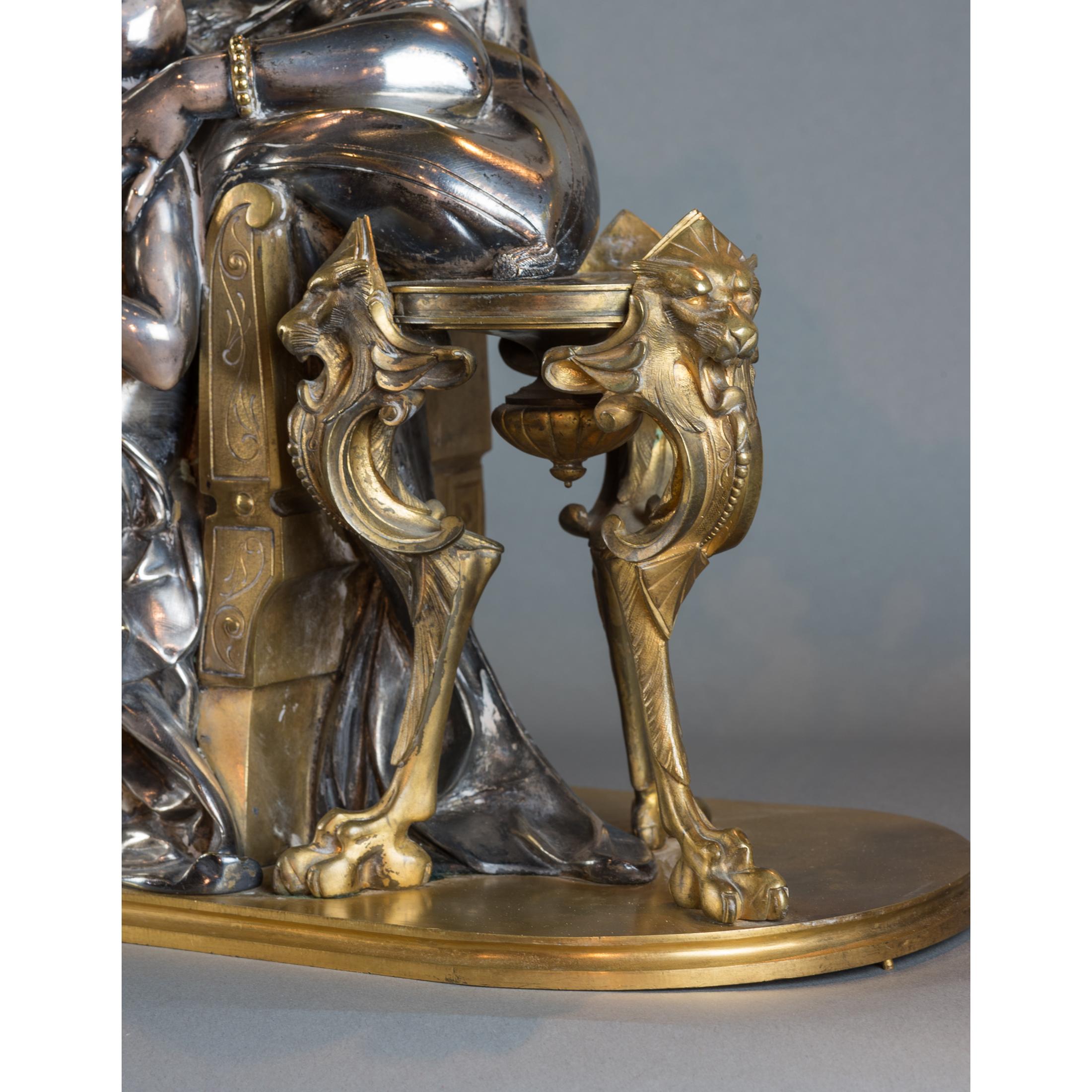 French Silvered and Gilt Bronze Sculpture of a Young Lady and Child - Gold Figurative Sculpture by Jean-Baptiste Clésinger 