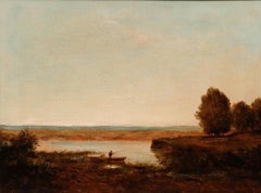 Jean Baptiste Corot - Olio su tela del XIX secolo, incorniciato, “Pescatore sul fiume”