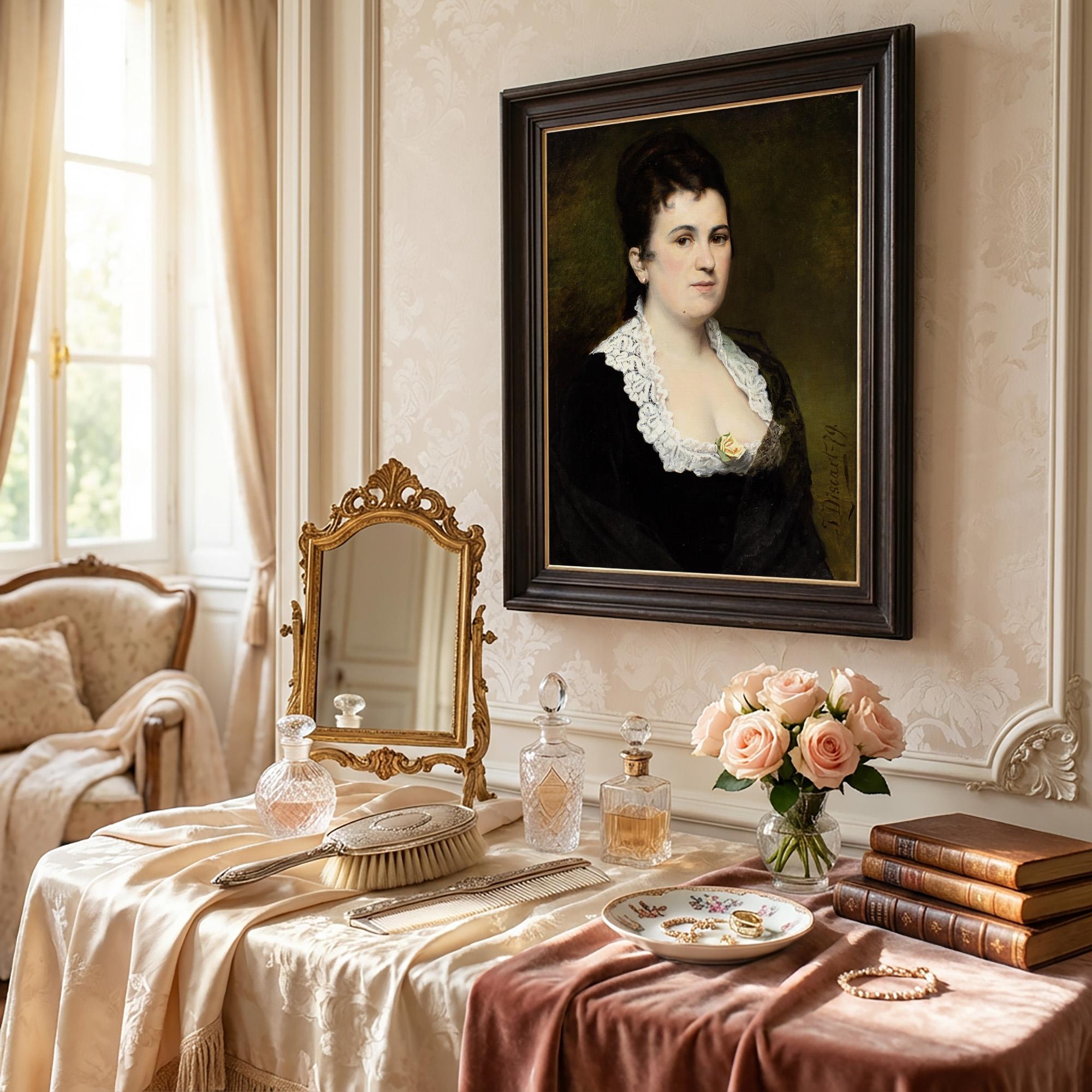 Jean Baptiste Discart, Portrait d'une dame à la rose jaune en vente 1