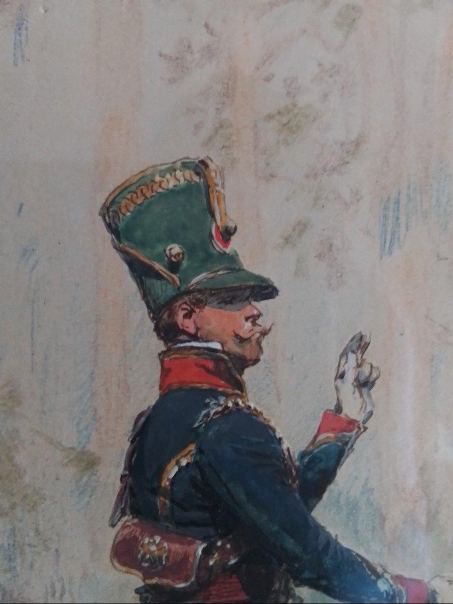 Cazador a Caballo de la Guardia Imperial Saludando al Hermano, gouache, firmado abajo a la izquierda - Painting de Jean Baptiste Édouard Detaille