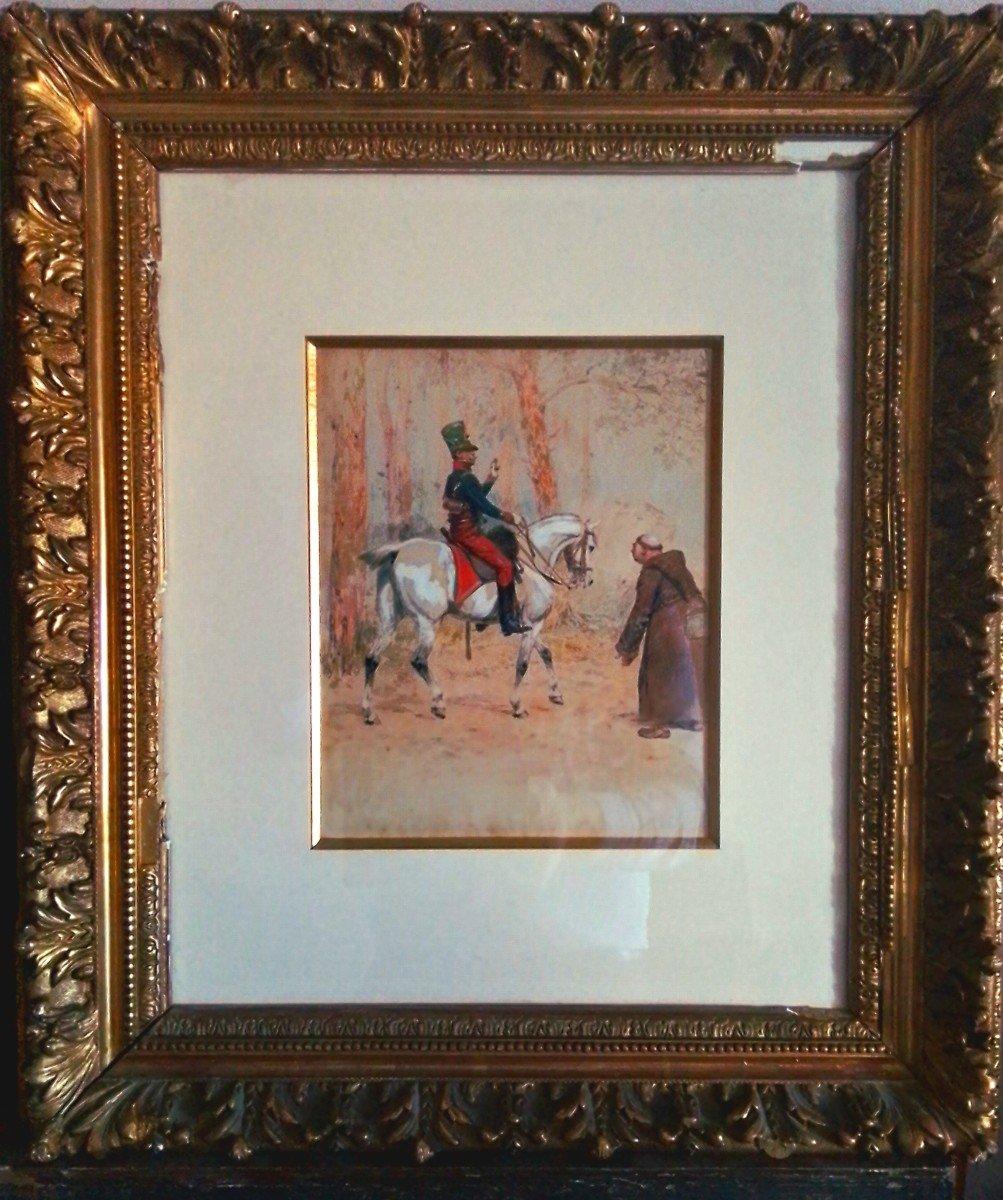 Cazador a Caballo de la Guardia Imperial Saludando al Hermano, gouache, firmado abajo a la izquierda - Painting Académico de Jean Baptiste Édouard Detaille