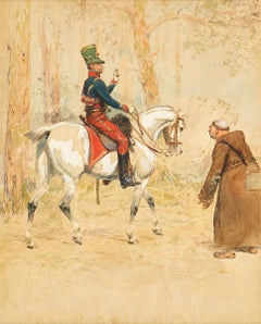 Horse Hunter Of The Imperial Guard Saluting Brother, gouache, signed lower left