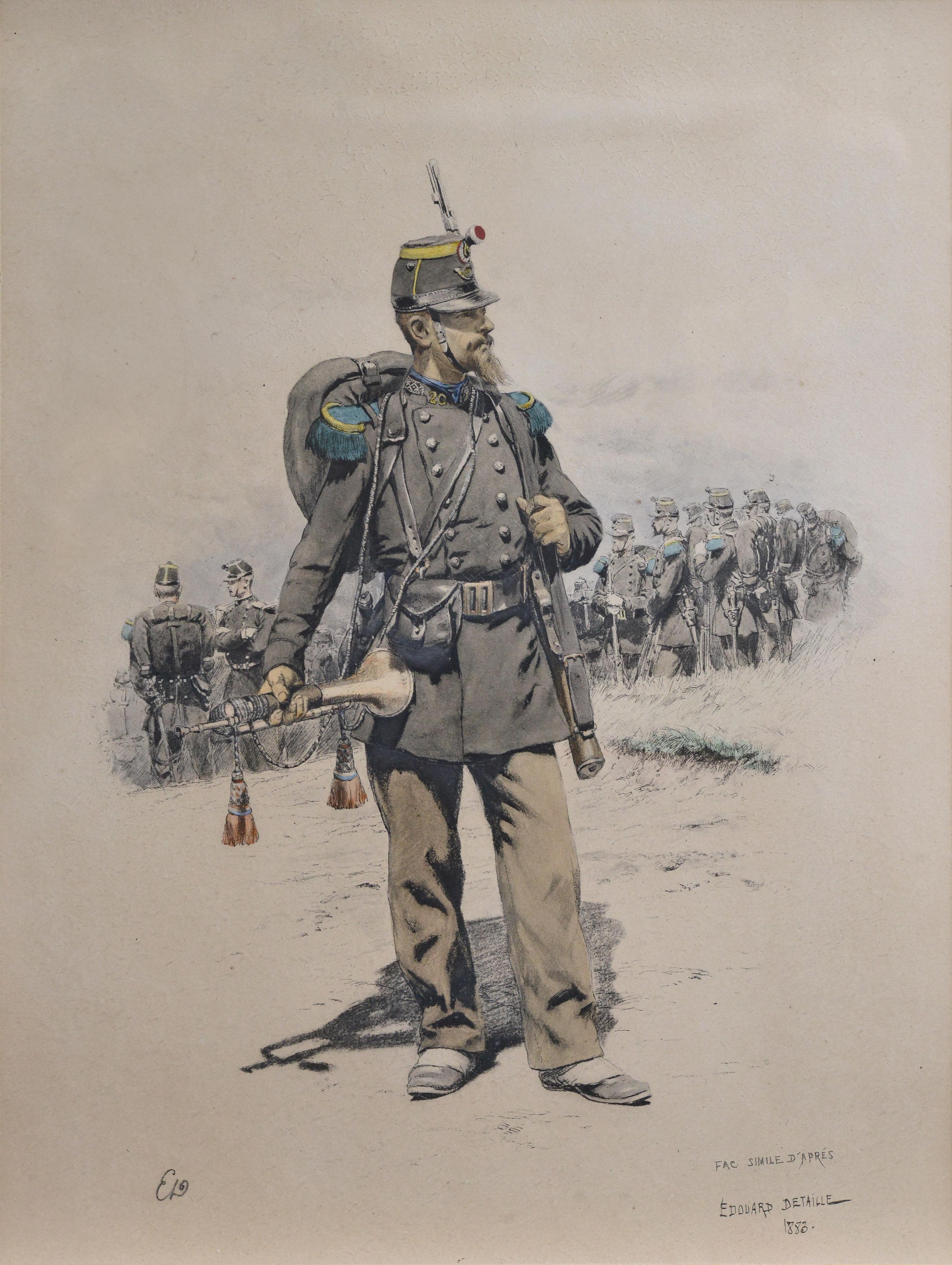 Bugler of Chasseurs Corps par Ed Detaille, lithographie couleur fac-similé du 19e siècle - Print de Jean Baptiste Édouard Detaille