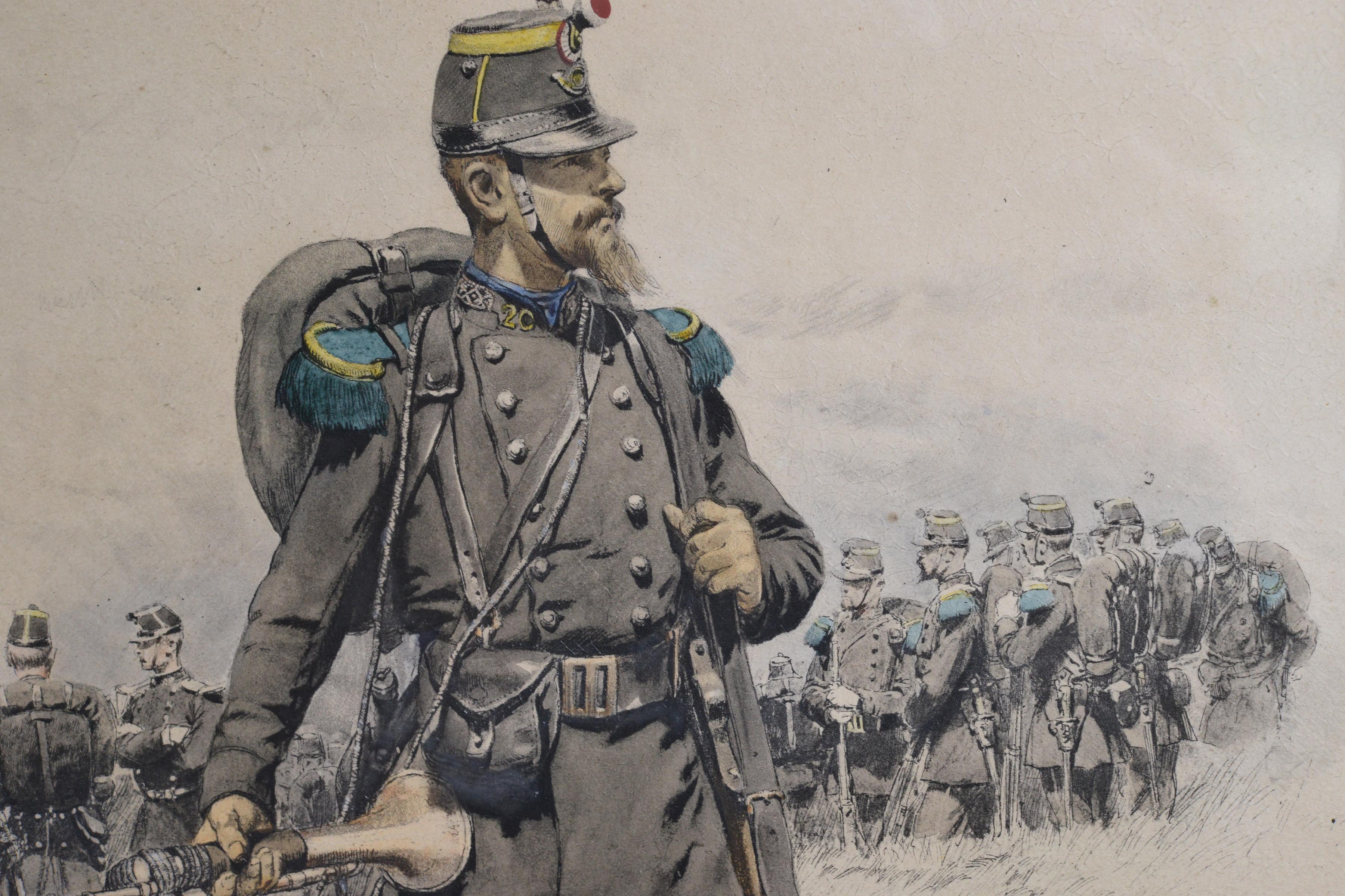 Bugler of Chasseurs Corps par Ed Detaille, lithographie couleur fac-similé du 19e siècle - École française Print par Jean Baptiste Édouard Detaille