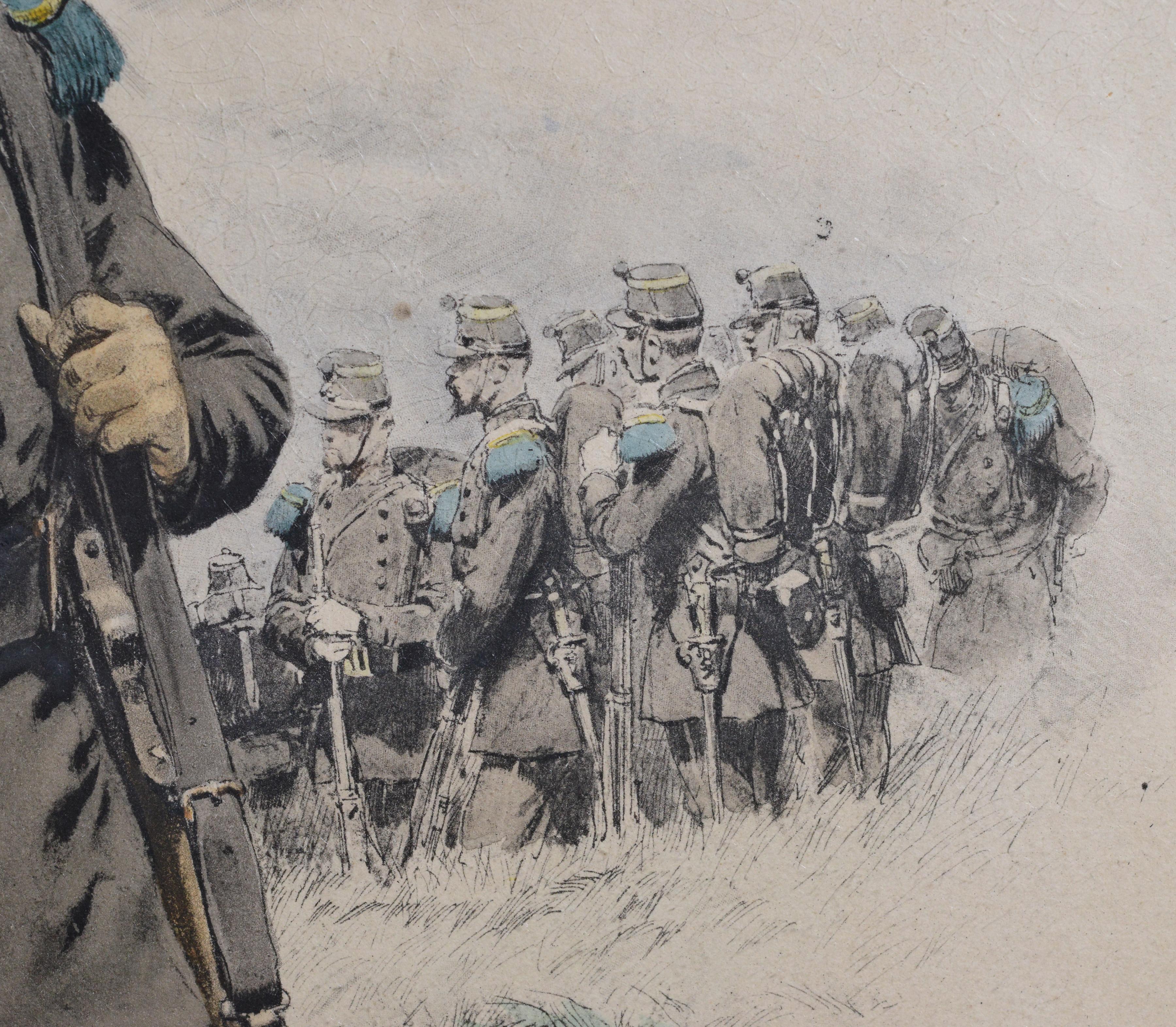 Bugler of Chasseurs Corps par Ed Detaille, lithographie couleur fac-similé du 19e siècle - Marron Figurative Print par Jean Baptiste Édouard Detaille