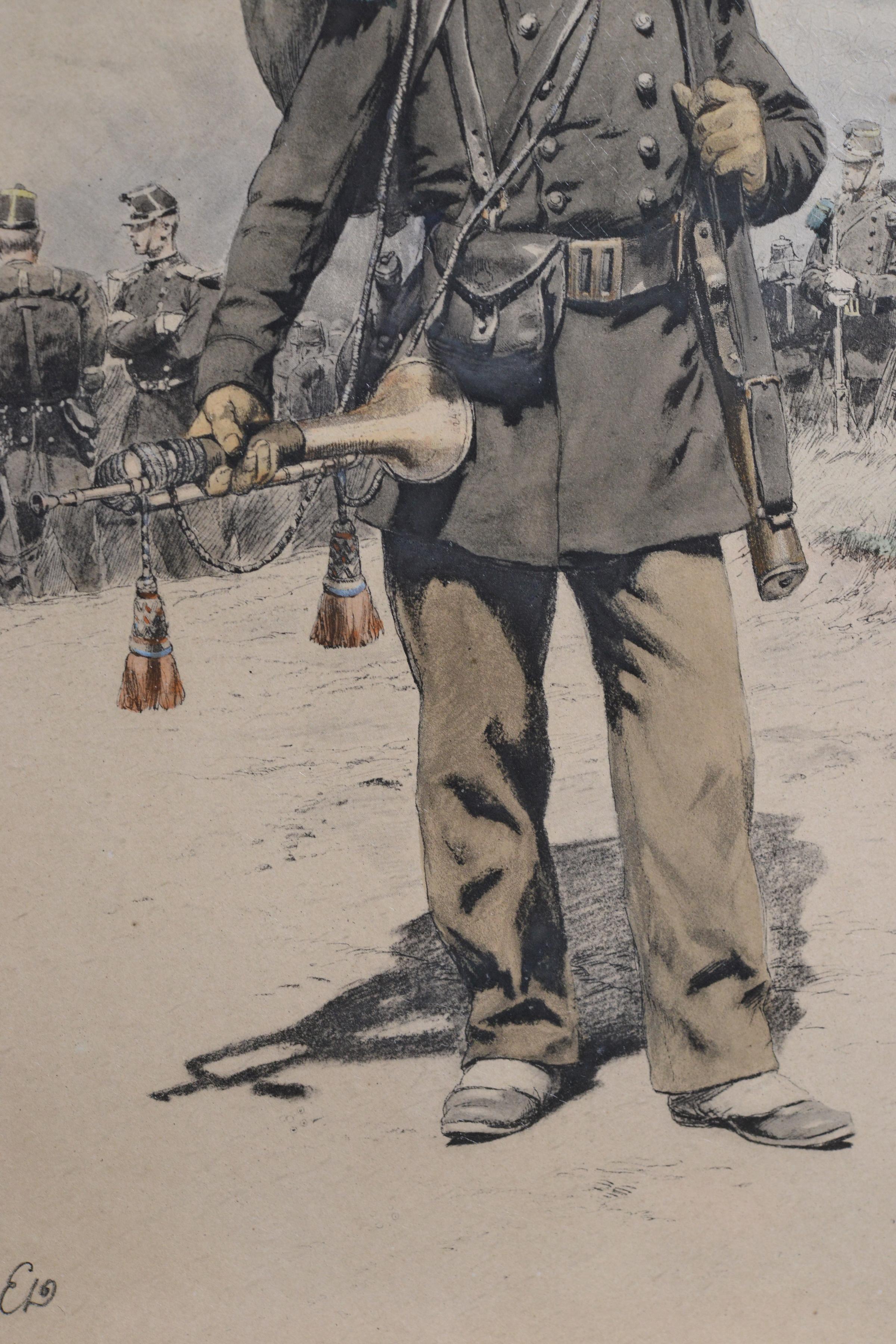 Bugler Foot Hunter, 1870 (lithographiertes Faksimile 1883), Illustration nach Édouard Detaille (1848 - 1912), ähnlich im Musée de Nuits-Saint-Georges. Diese Illustration zeigt einen Trompeter des 20. Jägerbataillons. 