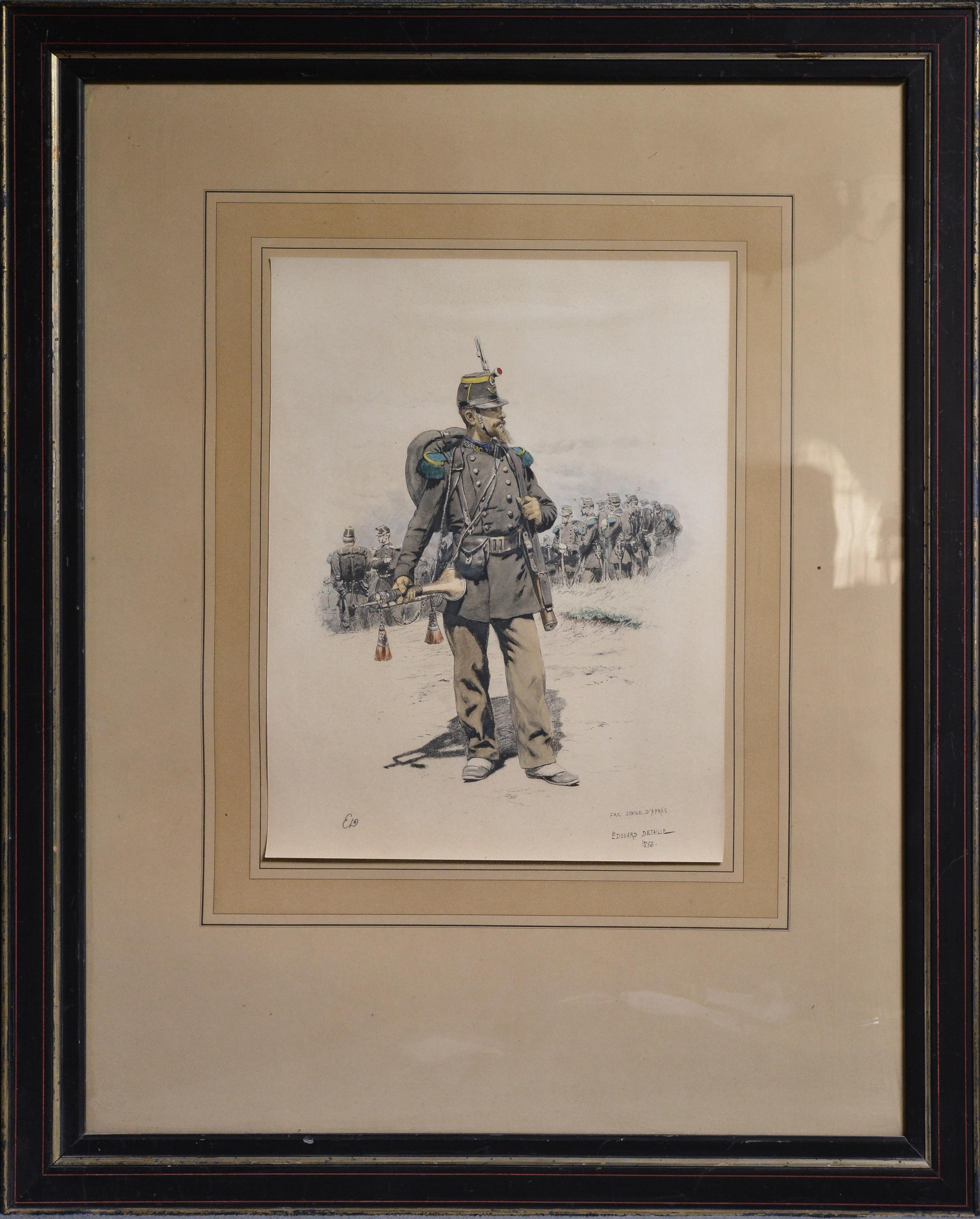 Jean Baptiste Édouard Detaille Figurative Print – Bugler of Chasseurs Corps von Ed Detaille, Facsimile-Farblithographie des 19. Jahrhunderts