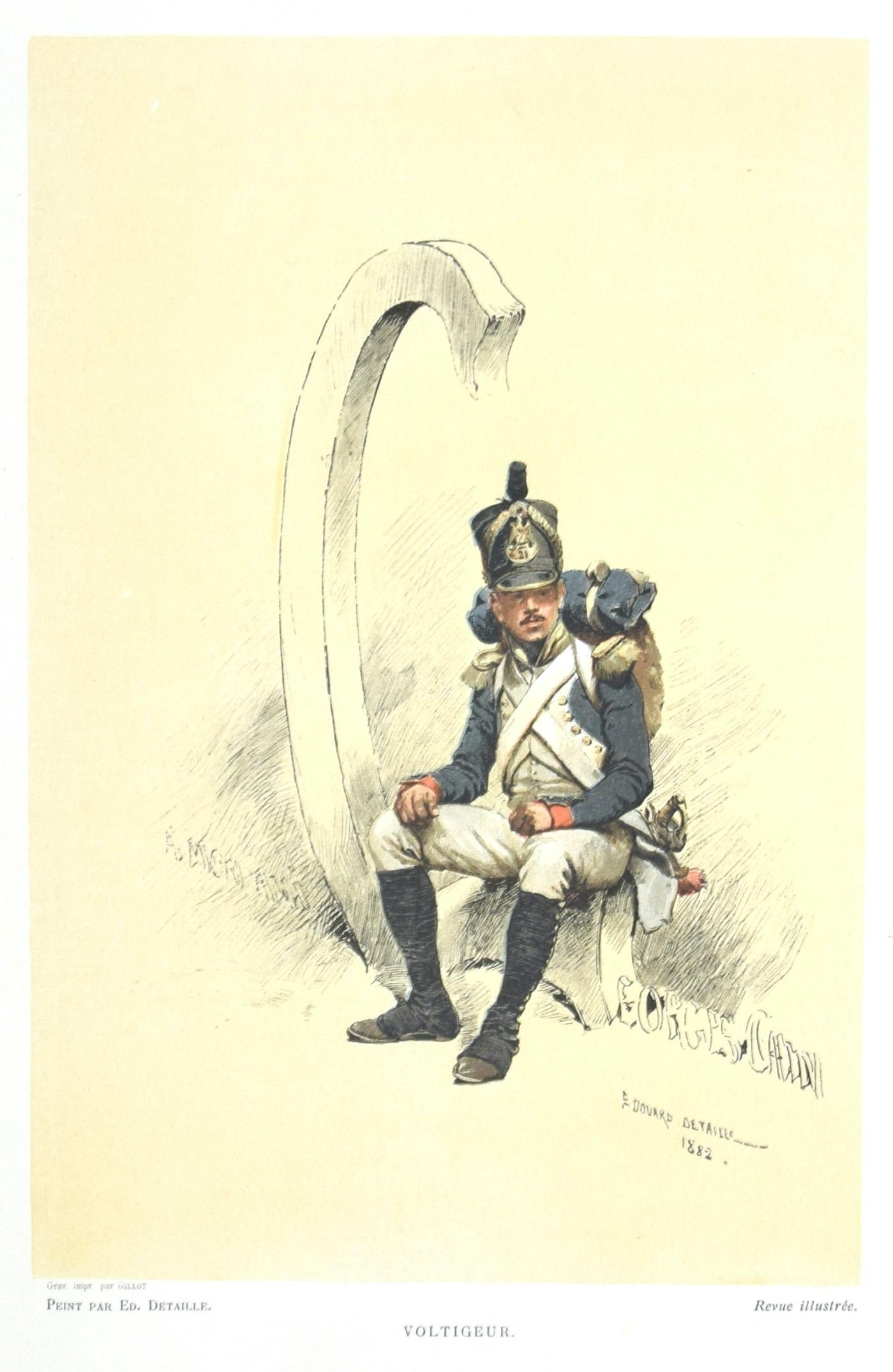 Jean Baptiste Édouard Detaille Figurative Print - Soldier - Original Watercolor Lithograph by Édouard Detaille - 1882