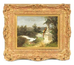 Fine 19th Century French Oil Oriental Pheasants in Classical Garden Landscape