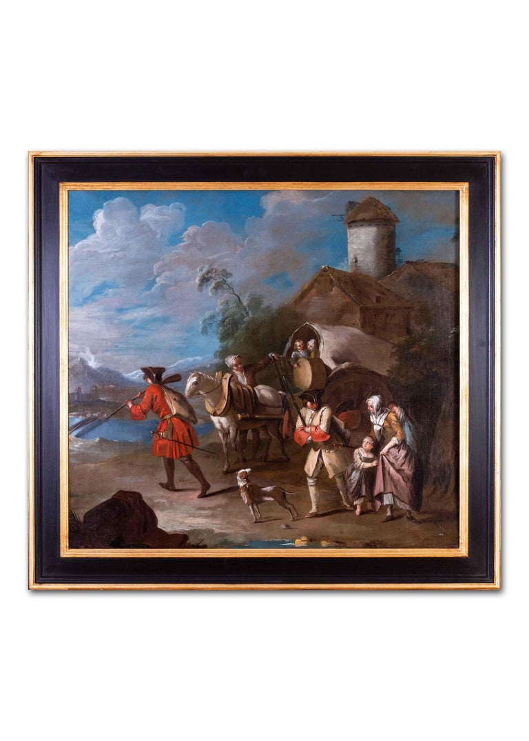 French 18th Century Old Master oil painting of a soldier departing from his home For Sale 2