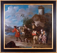 Pintura al óleo French Old Master del siglo XVIII de un soldado que sale de su casa
