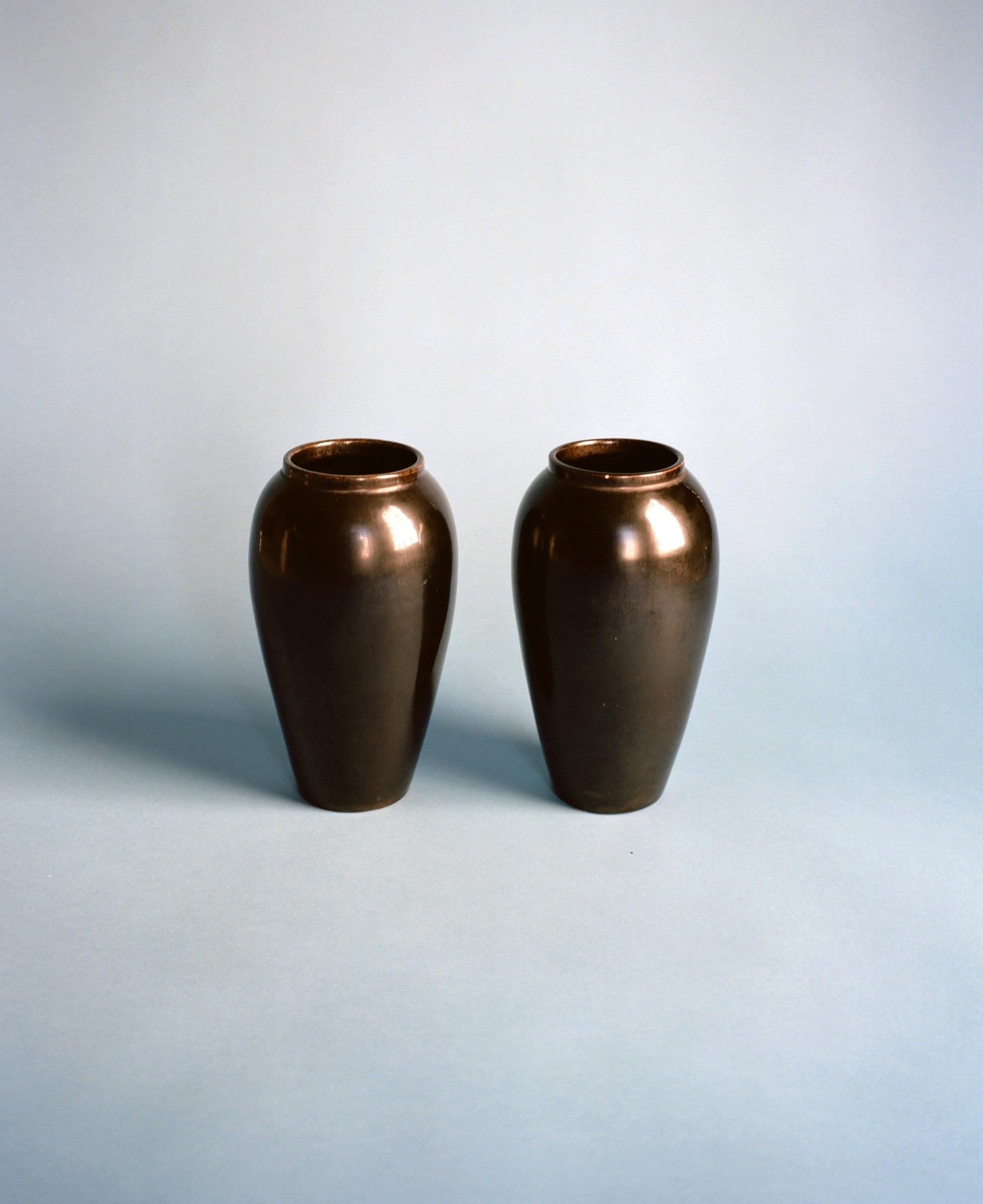French Jean Baptiste Gaziello, Pair of Black Ceramic Vases, 1930s