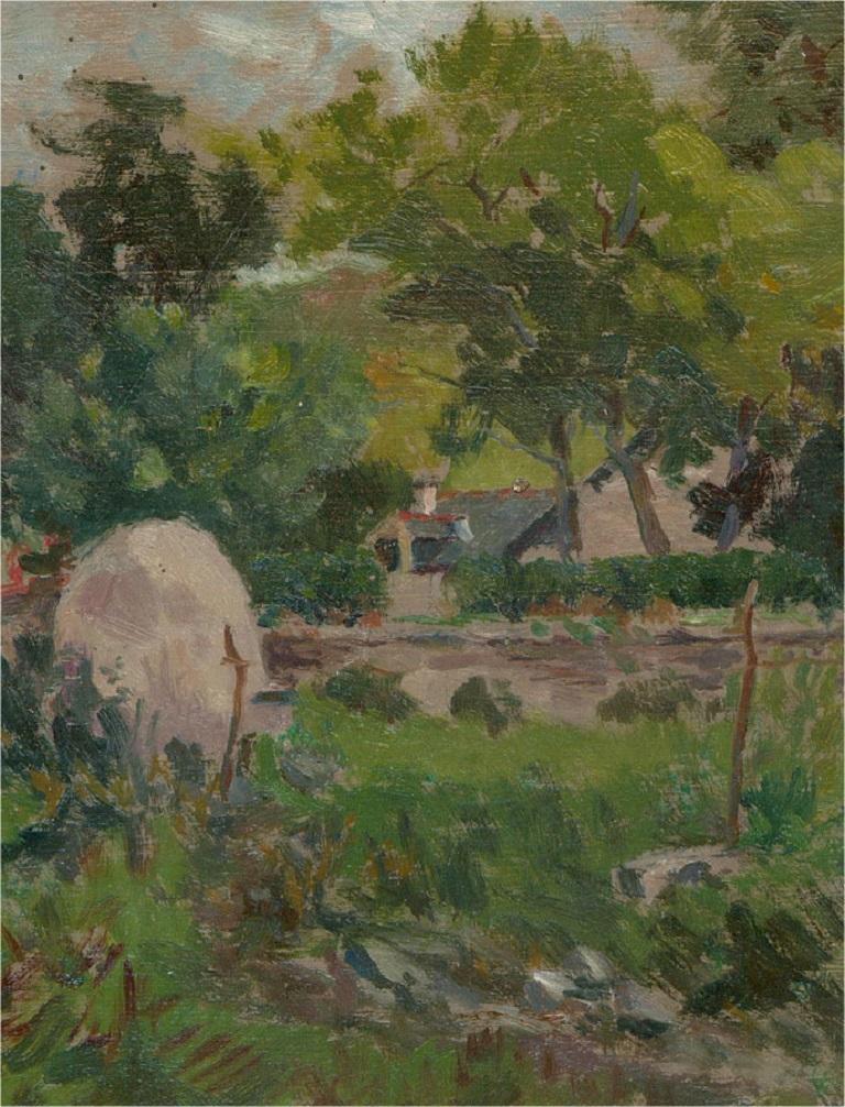 A verdant oil landscape showing lush greenery surrounding a cottage in the distance. The painting is on board, with the artist's studio stamp at the reverse.

On board.