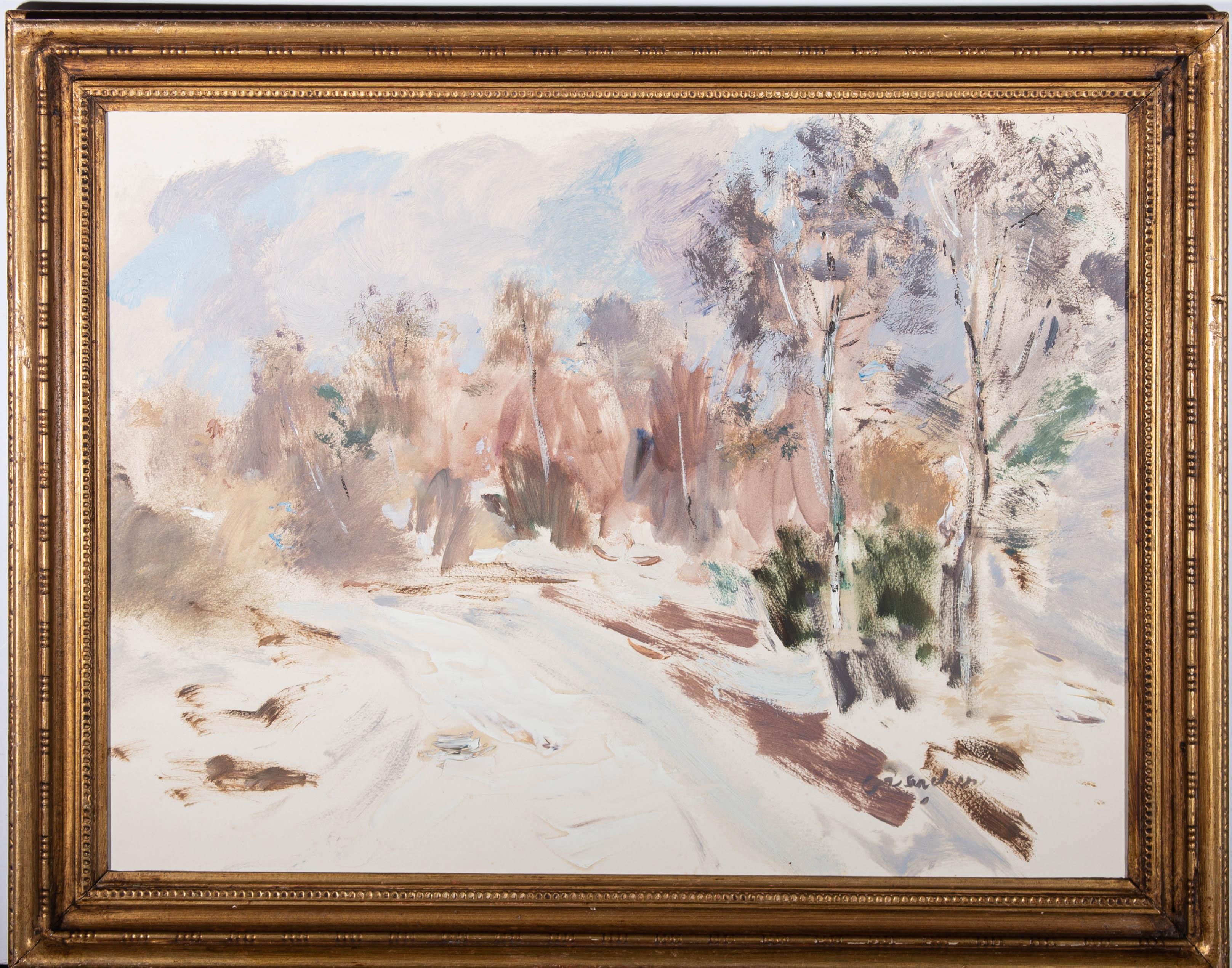 A fine oil painting by the French artist Jean-Baptiste Grancher, depicting a winter forest scene. Signed to the lower right-hand corner. There is a label attached on the reverse with some of the artist's biographical details. Presented in an ornate,