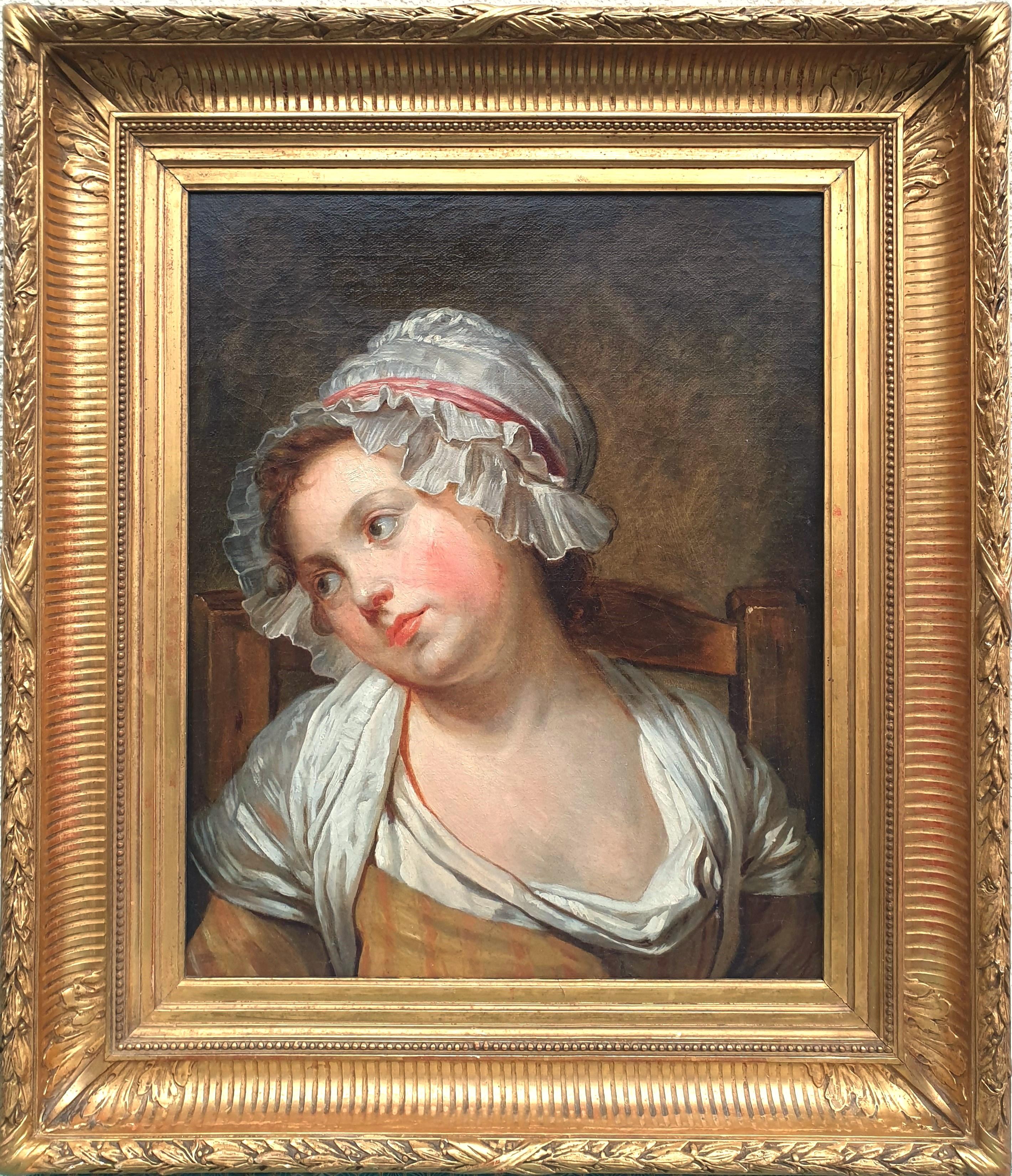 18th century french painting GREUZE Portrait of a young girl Oil on canvas - Painting by Jean-Baptiste Greuze