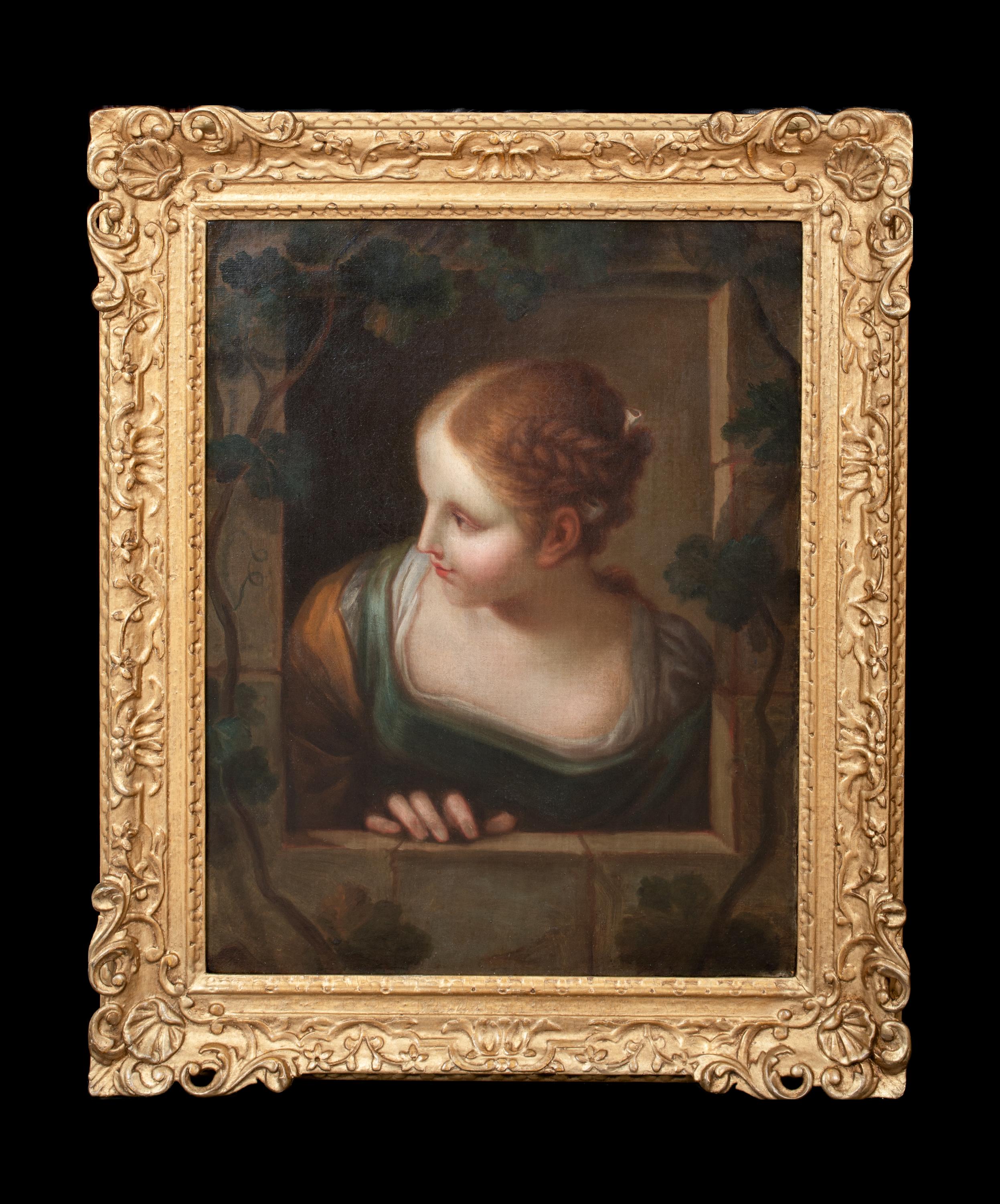 Portrait d'une fille française à sa fenêtre, 18e siècle - Painting de Jean-Baptiste Greuze