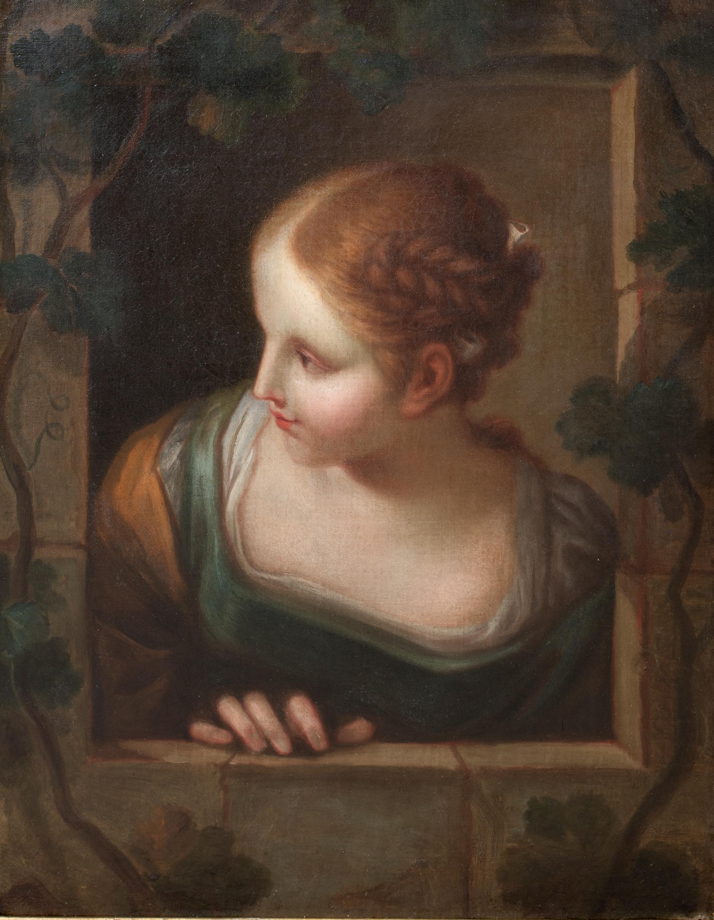 Attente, 18th Century

School of Jean-Baptiste GREUZE (1725-1805)

Large 19th Century French portrait of a young girl leaning out of a window, oil on canvas. Excellent quality and condition circa 1780 window scene of the young girl watching in