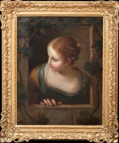 Antique "Attente" Portrait Of A French Girl At Her Window, 18th Century
