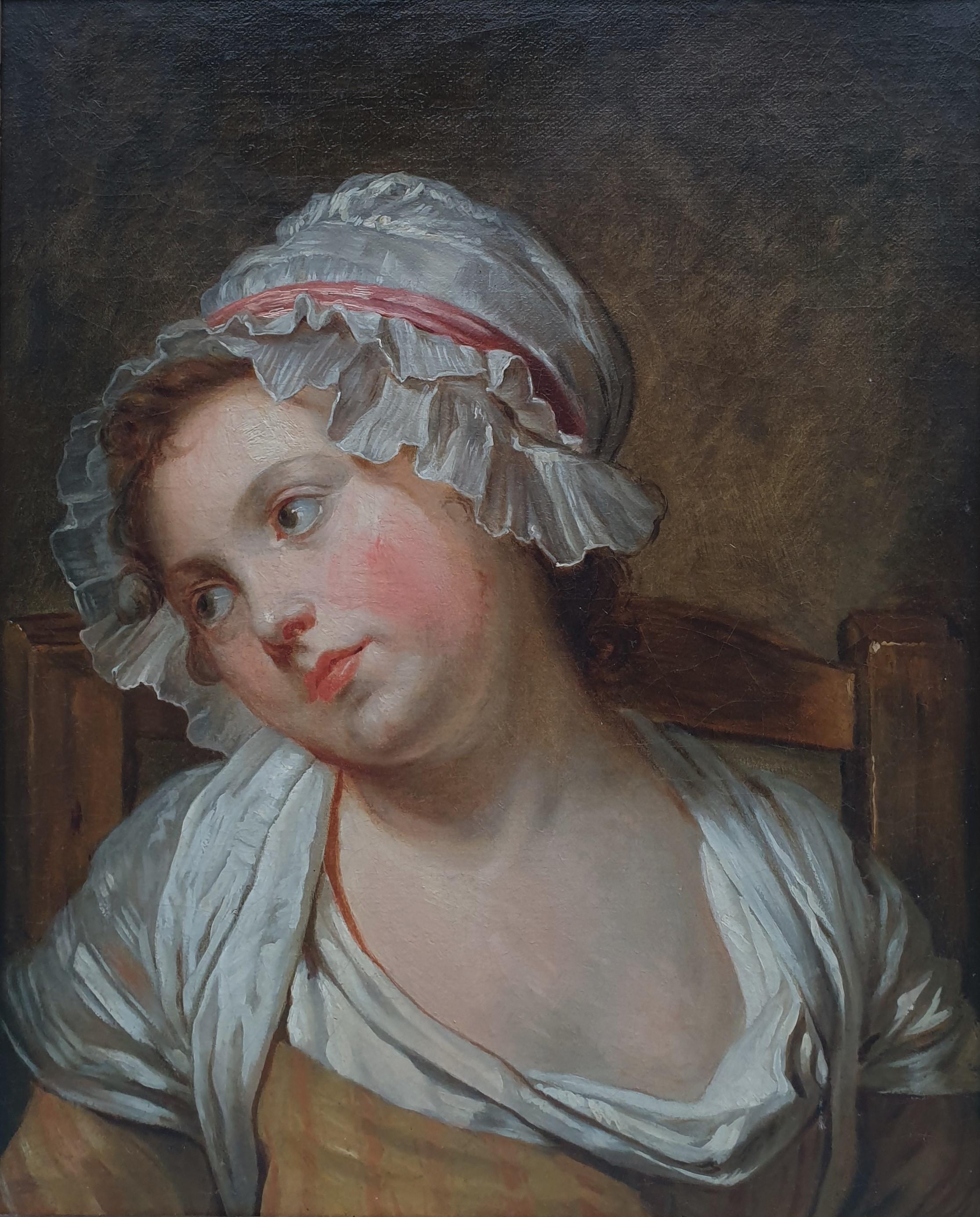 18th century french painting GREUZE Portrait of a young girl Oil on canvas - Painting by Jean-Baptiste Greuze