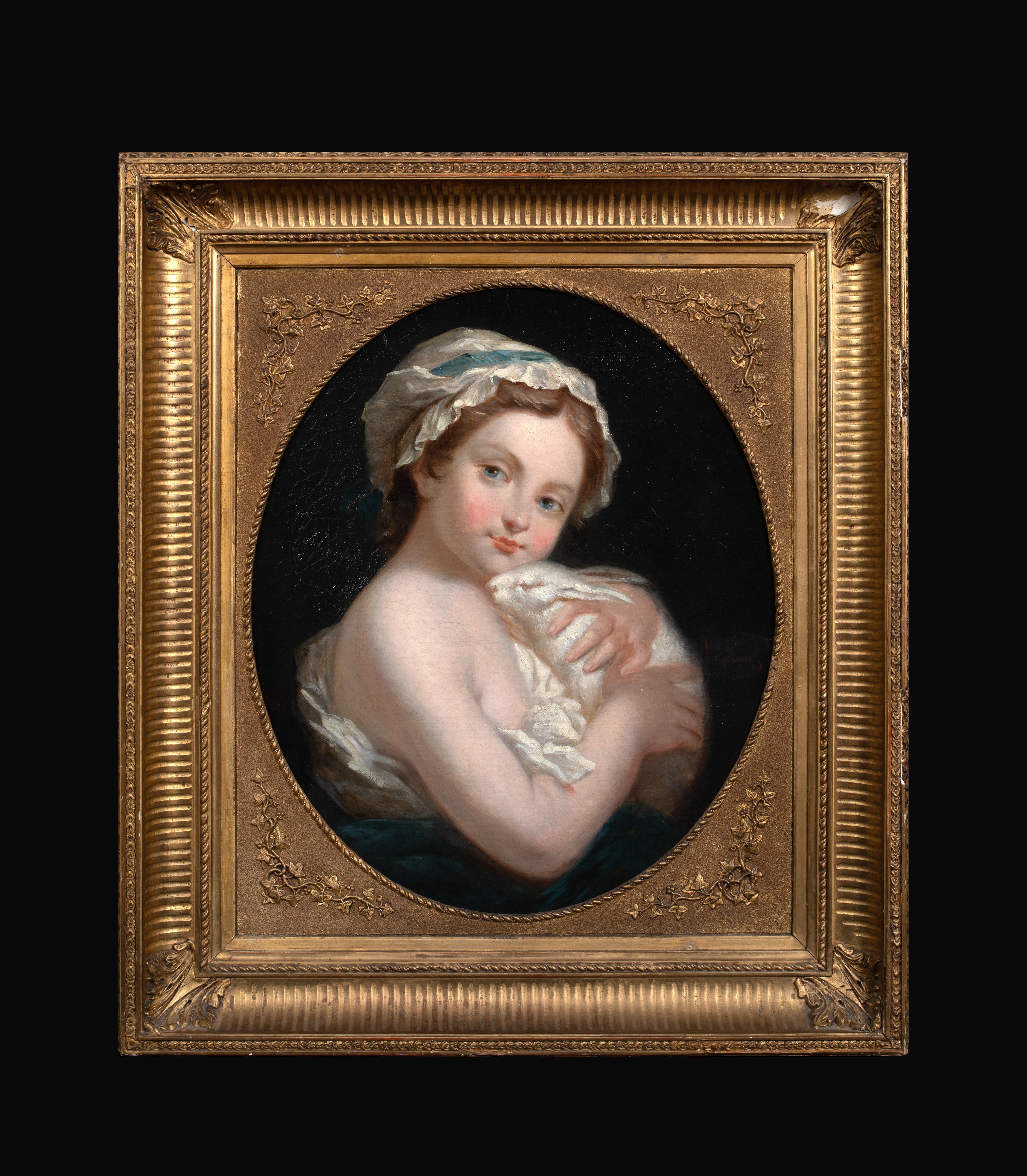 Porträt eines Mädchens und eines Kaninchens, 18. Jahrhundert – Painting von Jean-Baptiste Greuze