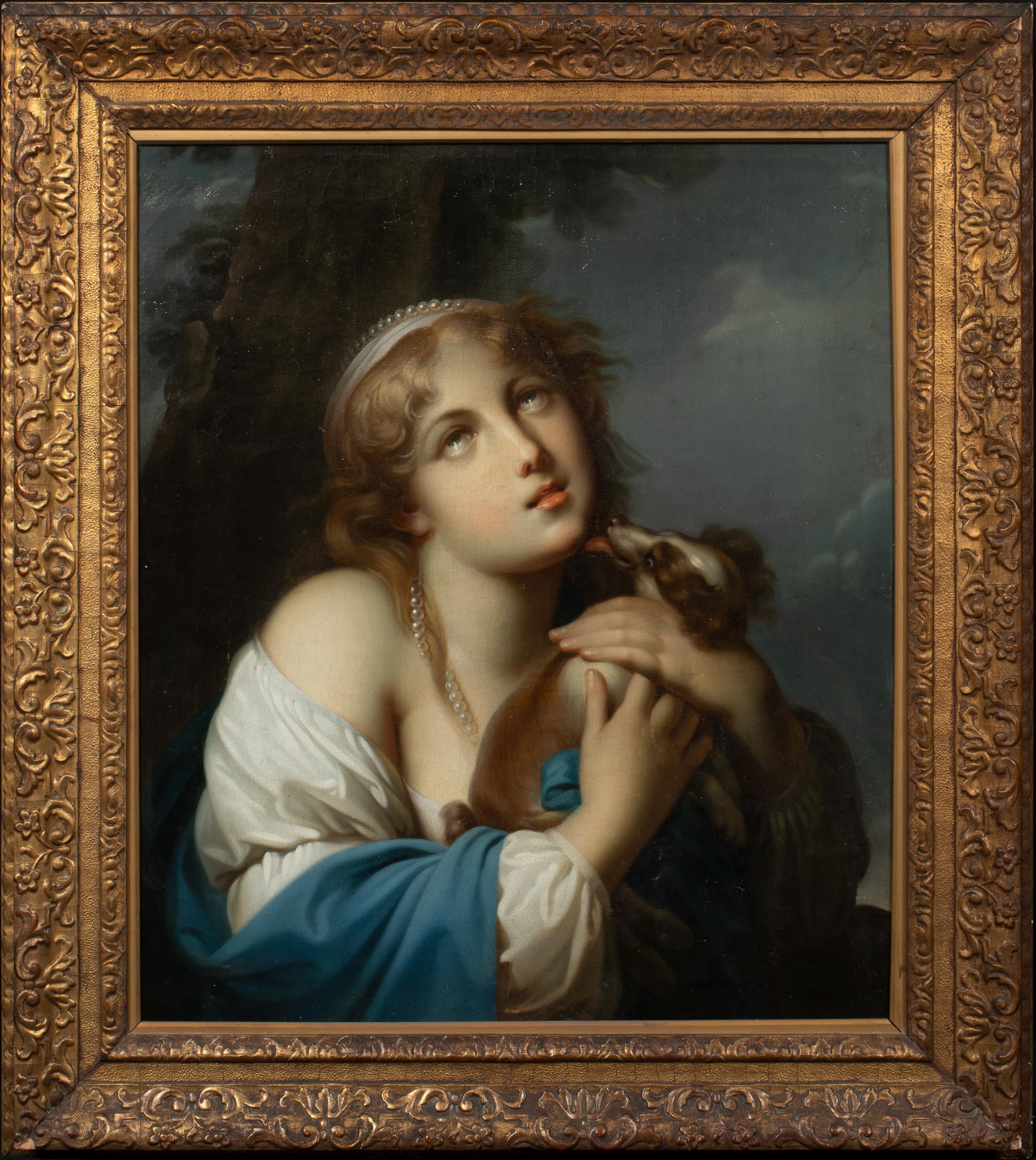 Portrait Of Girl Holding A Spaniel, 18th Century  - Painting by Jean-Baptiste Greuze