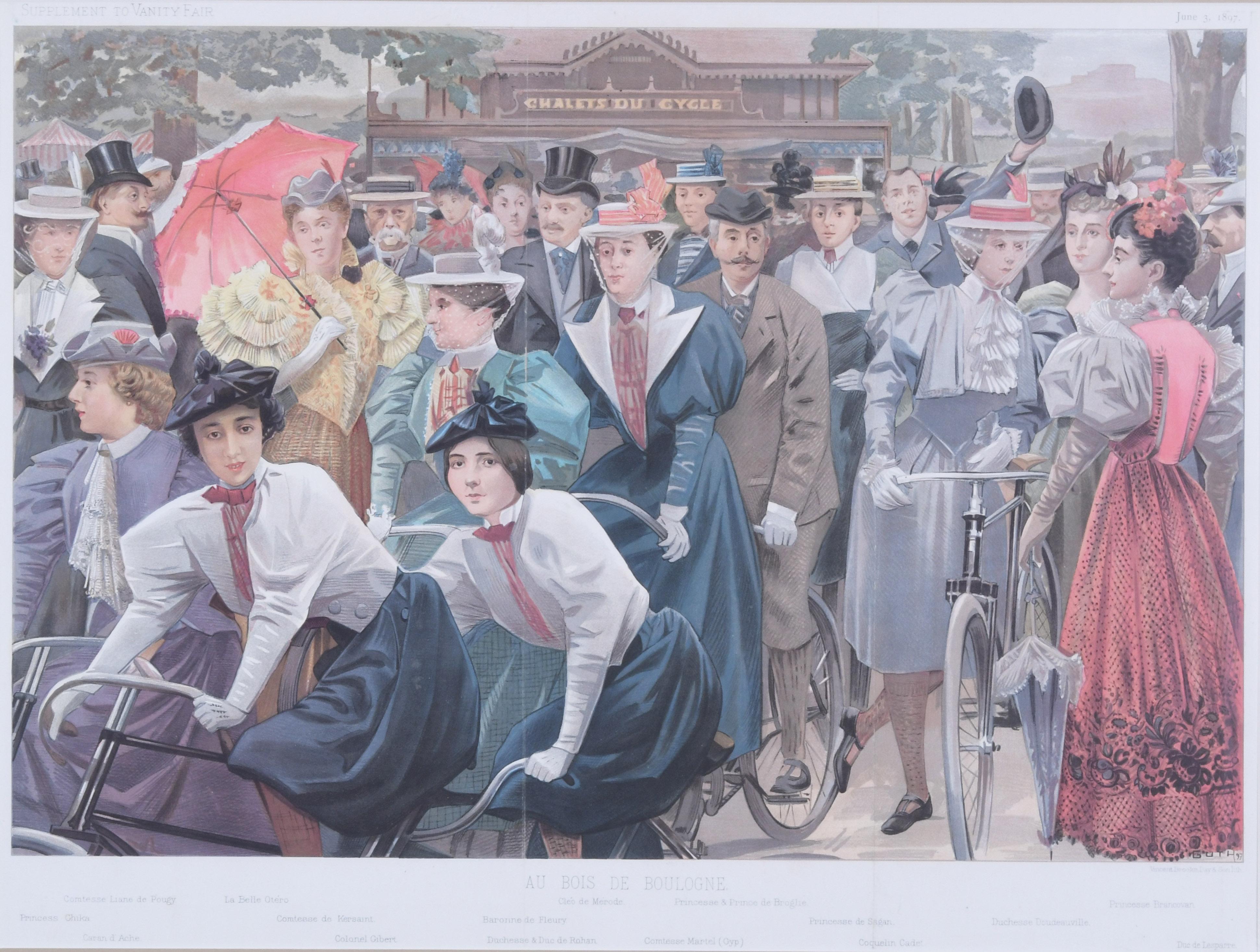 Figurative Print de Jean Baptiste Guth - Au Bois De Boulogne (ilustra la congregación de la nobleza francesa en el exterior)