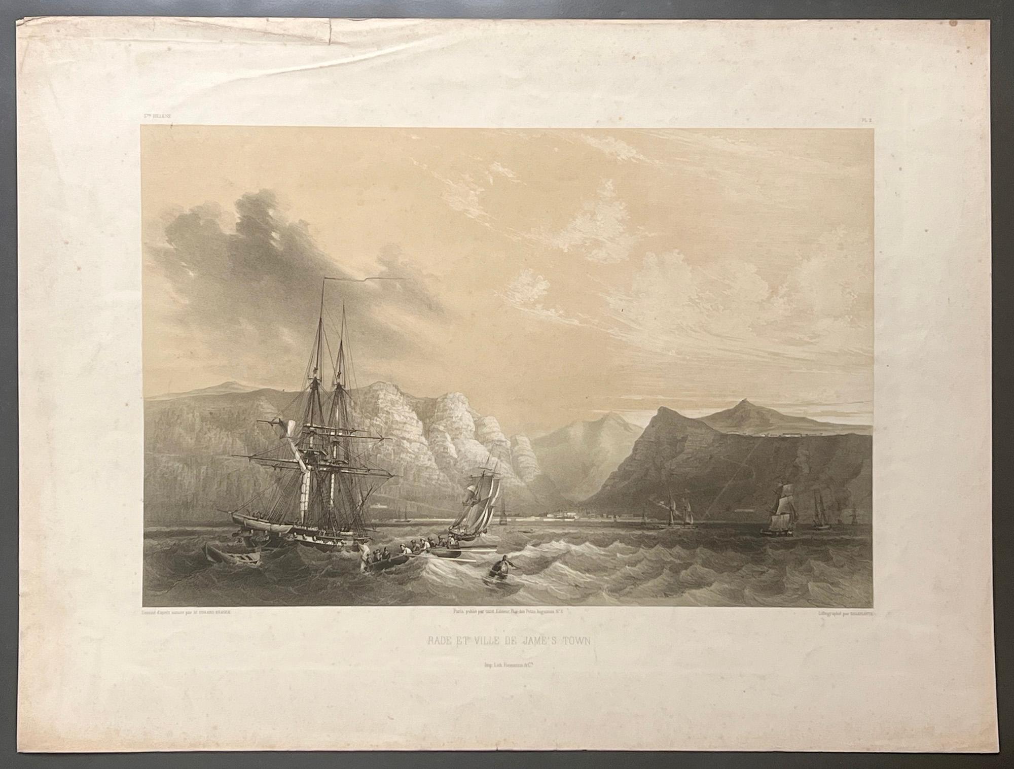 Jamestown, Sant'Elena. Litografia francese con paesaggio marino, 1844 - Print di Jean-Baptiste Henri Durand-Brager 
