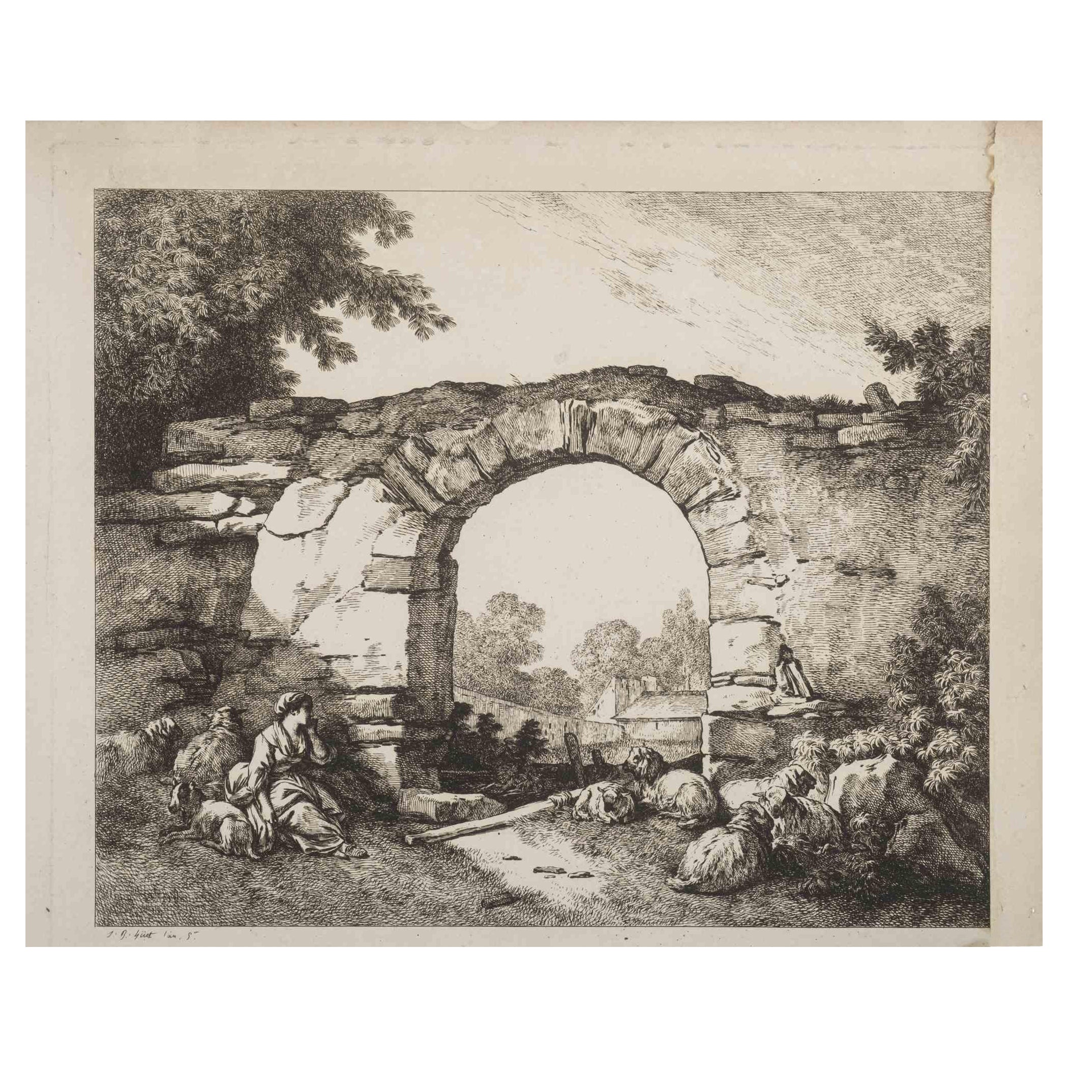 Jean Baptiste Huet Figurative Print – Landlandschaft mit Ruinen - Original-Radierung von J.B. Hufeisen - 19. Jahrhundert