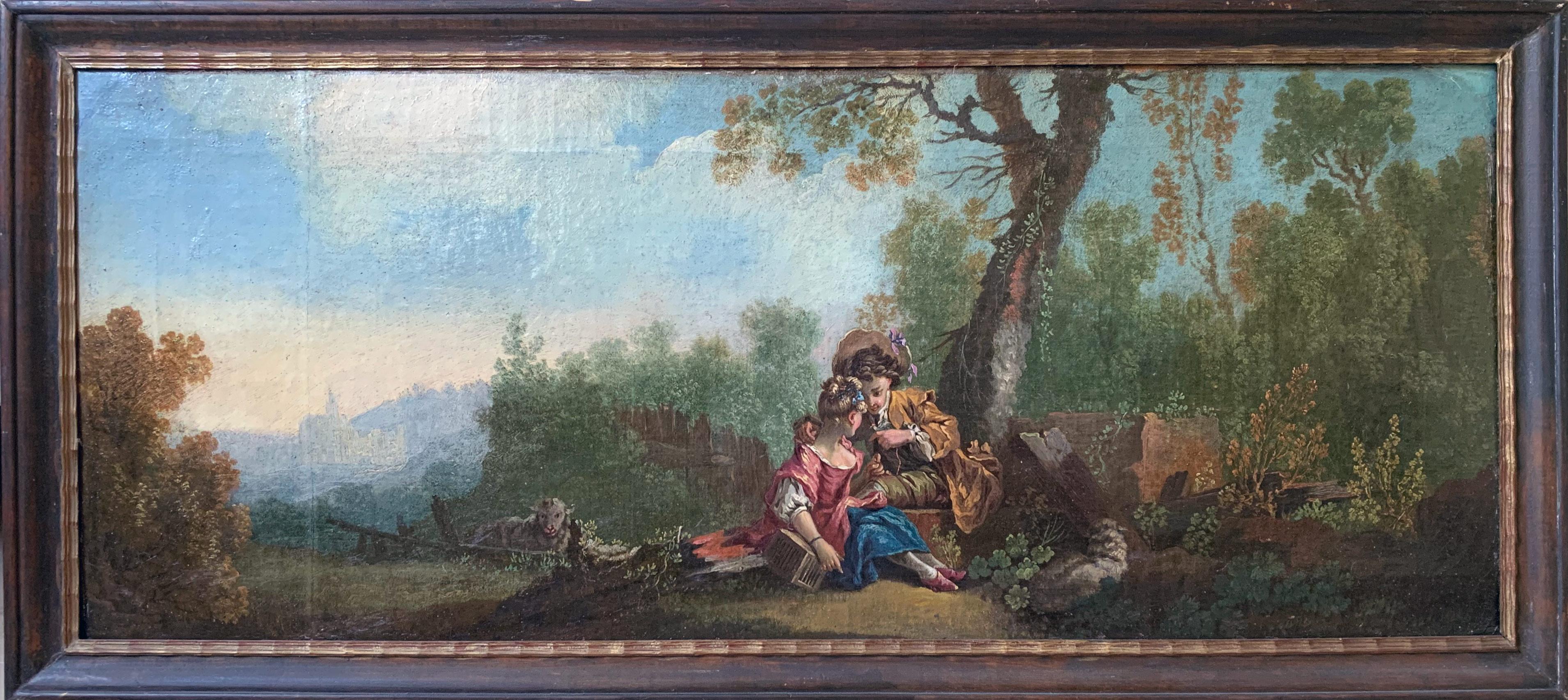 Scène galante dans un paysage pastoral
Cercle de Jean-Baptiste Huet (1745–1811)
Huile sur toile, 91 x 36,5 cm — cadre en bois sculpté à canaux

Charmante scène bucolique dans le goût du XVIIIe siècle, ce tableau reprend les codes raffinés de l’art