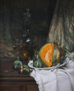 Impressionist Still Life of Figs and Melon, by Jean Olive Late 19th Century