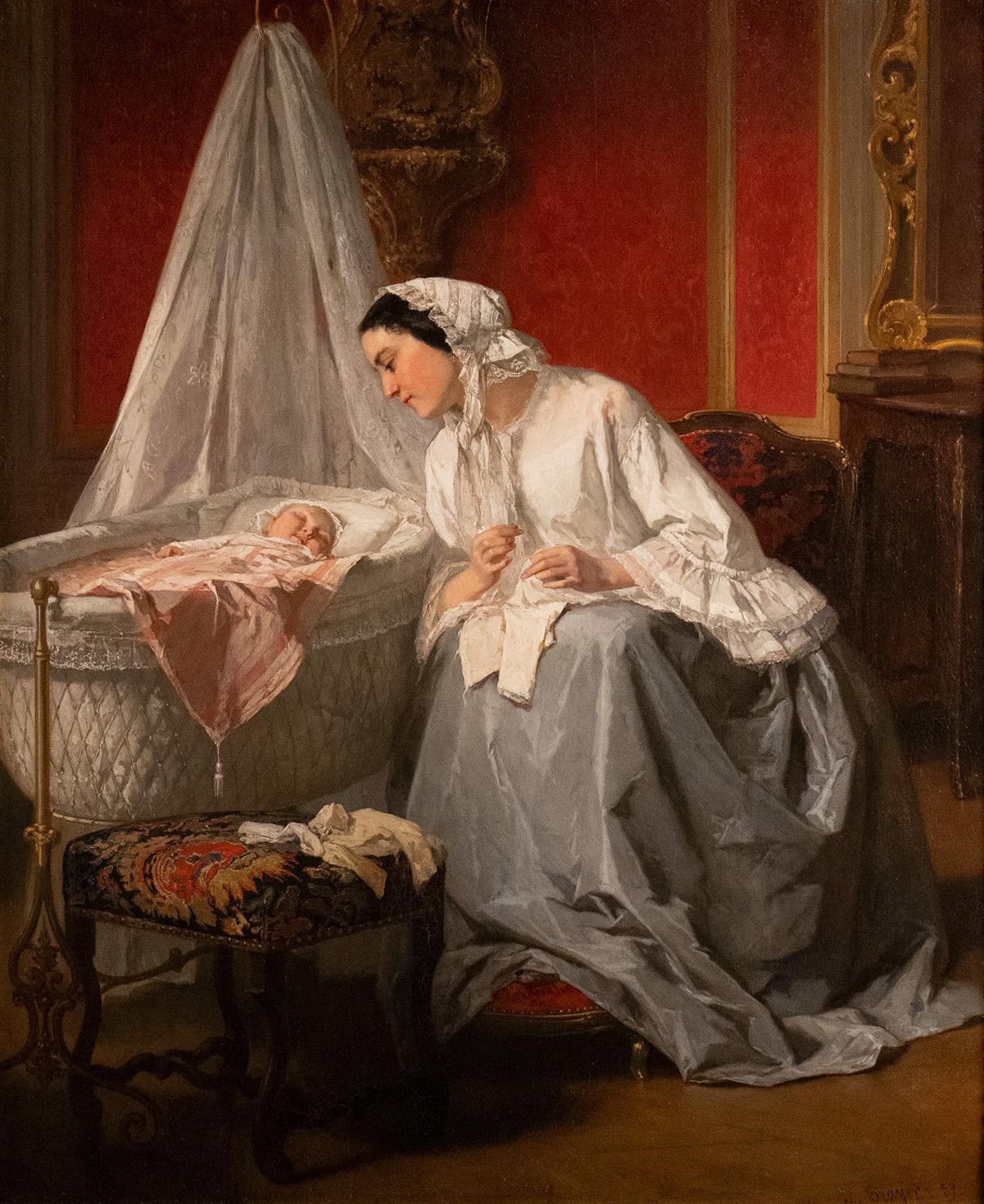Vegliare sul bambino di Jean-Baptiste Jean Trayer - Painting di Jean-Baptiste Jules Trayer