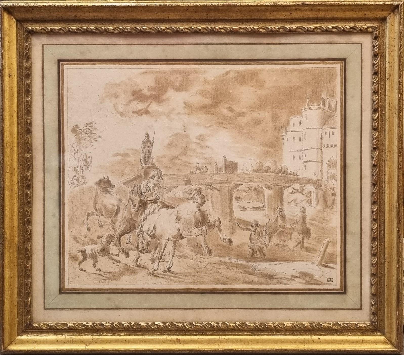 LE PAON Acquerello lavis inchiostro Scena militare castello ponte francese 18° - Art di Jean-Baptiste Le Paon