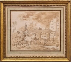 LE PAON Acquerello lavis inchiostro Scena militare castello ponte francese 18°