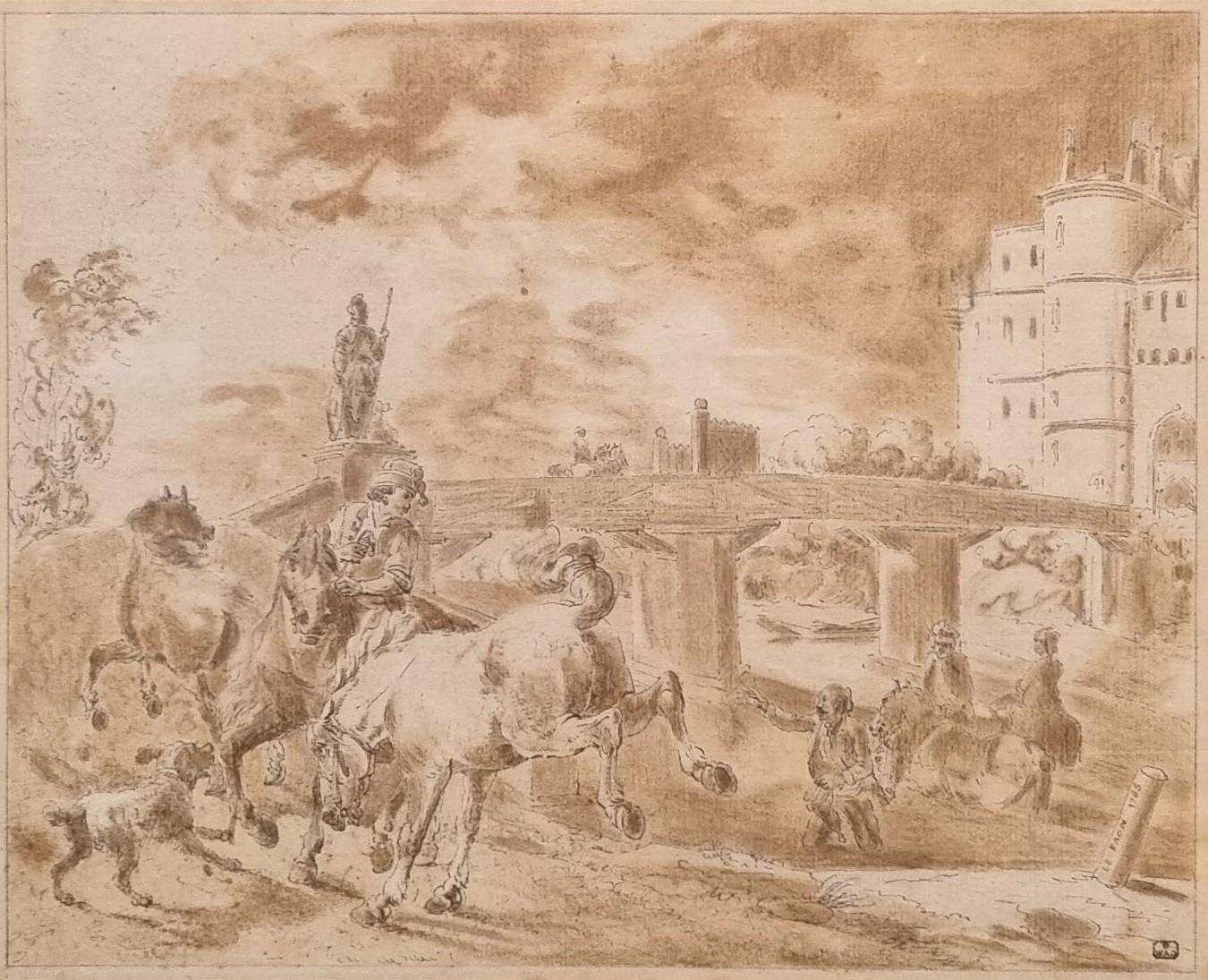 LE PAON Acquerello lavis inchiostro Scena militare castello ponte francese 18° - Art Barocco di Jean-Baptiste Le Paon