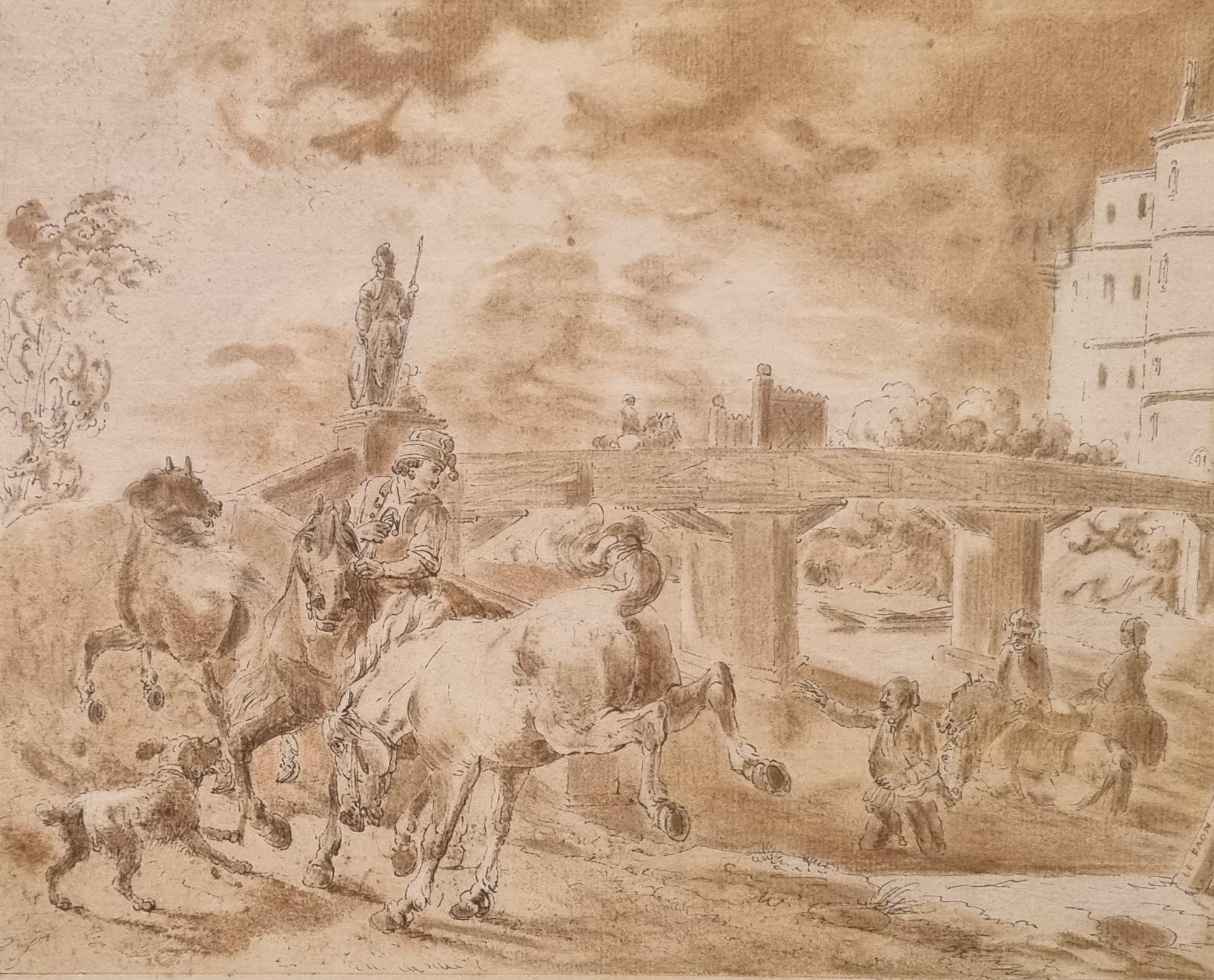 LE PAON Acquerello lavis inchiostro Scena militare castello ponte francese 18° - Figurative Art Beige di Jean-Baptiste Le Paon