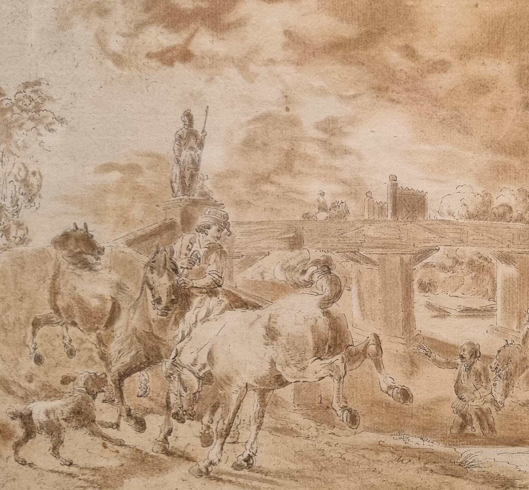 Jean-Baptiste Jean PAON
Parigi, 1738 - Parigi, 1785
Scena militare vicino a un castello
Lavaggio e inchiostro su carta
25 x 31 cm (38 x 44 cm con cornice)
Firmato e datato in basso a destra: 